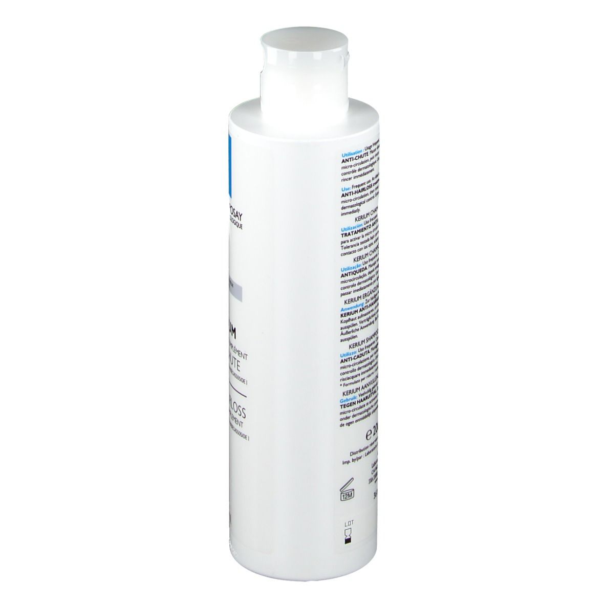 Retro di un flacone di shampoo. Testo multilingue. Marchio La Roche-Posay. 200 ml.