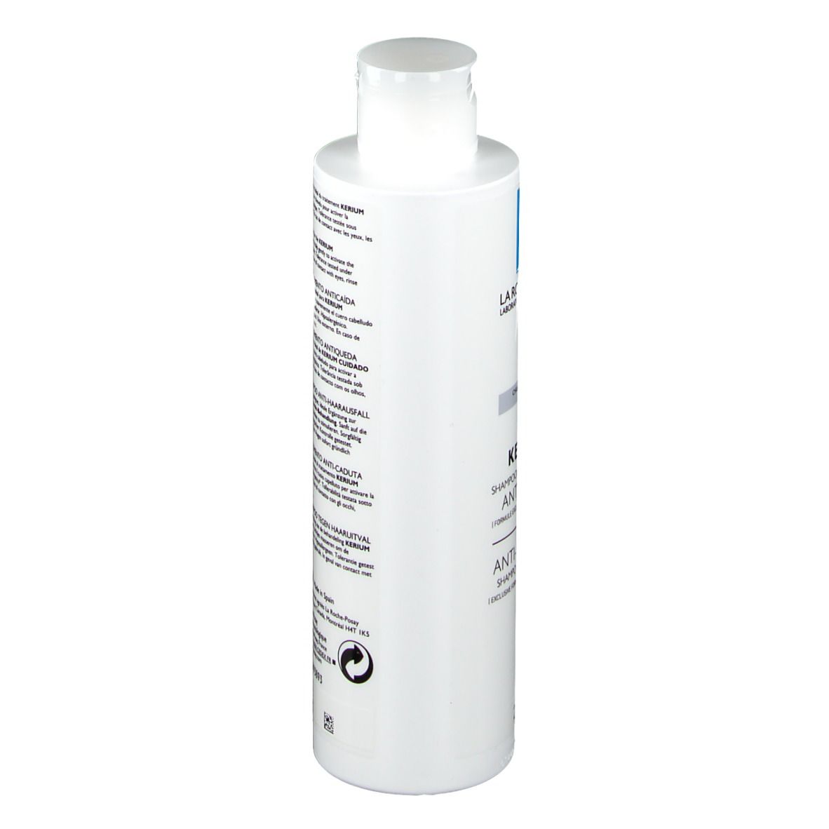 Retro di un flacone di shampoo. Testo multilingue. Marchio La Roche-Posay. 200 ml.