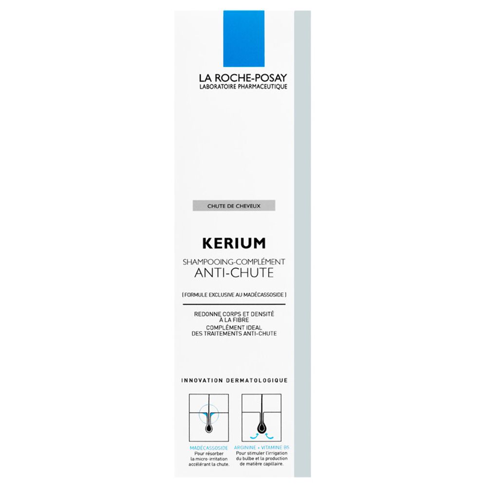 Confezione alta e stretta di shampoo La Roche-Posay Kerium Anti-Caduta. Bianco, logo blu. Testo e illustrazioni.
