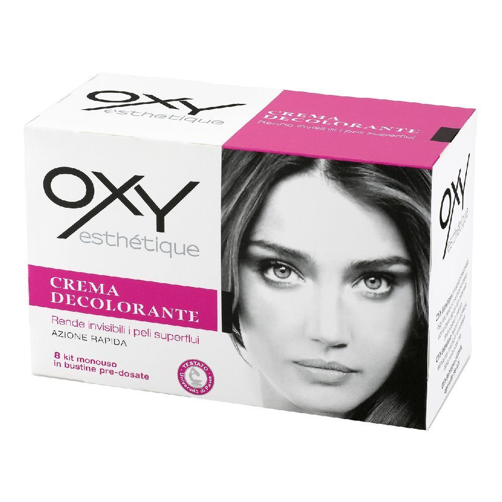Confezione Oxy Esthétique. Bianca e rosa. Contiene Crema Decolorante. Immagine di donna. 8 bustine monodose.