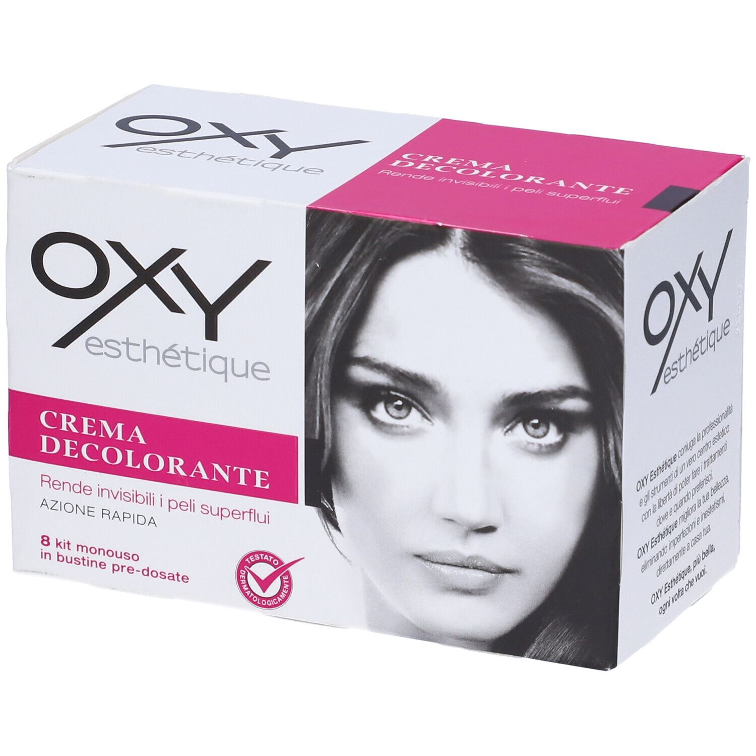 Confezione Oxy Esthétique. Bianca e rosa. Contiene Crema Decolorante. Immagine di donna. 8 bustine monodose.