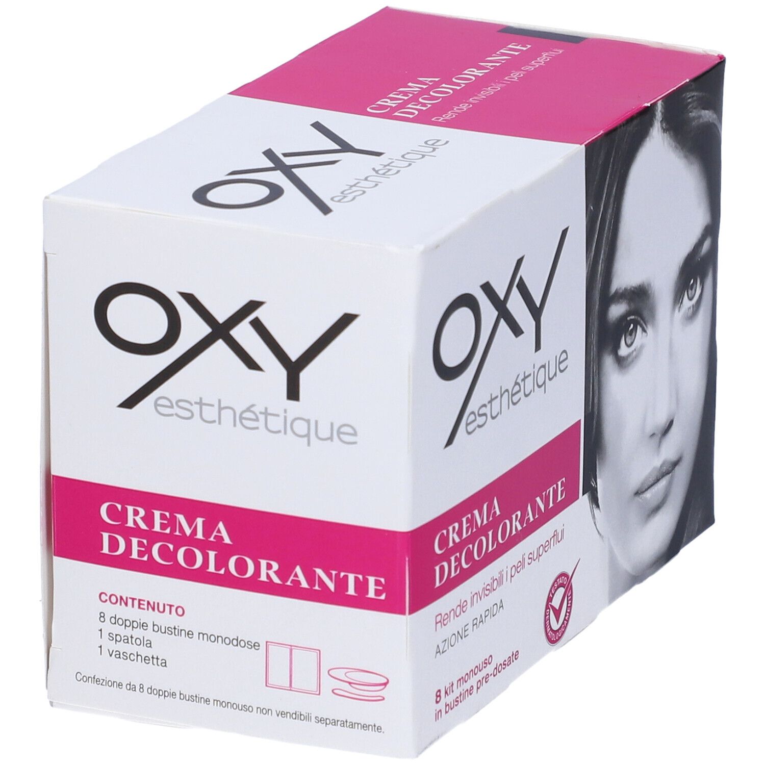 Confezione Oxy Esthétique. Bianca e rosa. Contiene Crema Decolorante. Immagine di donna. 8 bustine monodose.