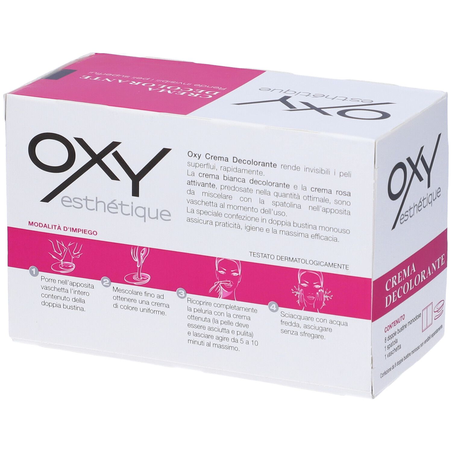 Confezione Oxy Esthétique. Bianca e rosa. Contiene Crema Decolorante. Istruzioni e ingredienti. 8 bustine.