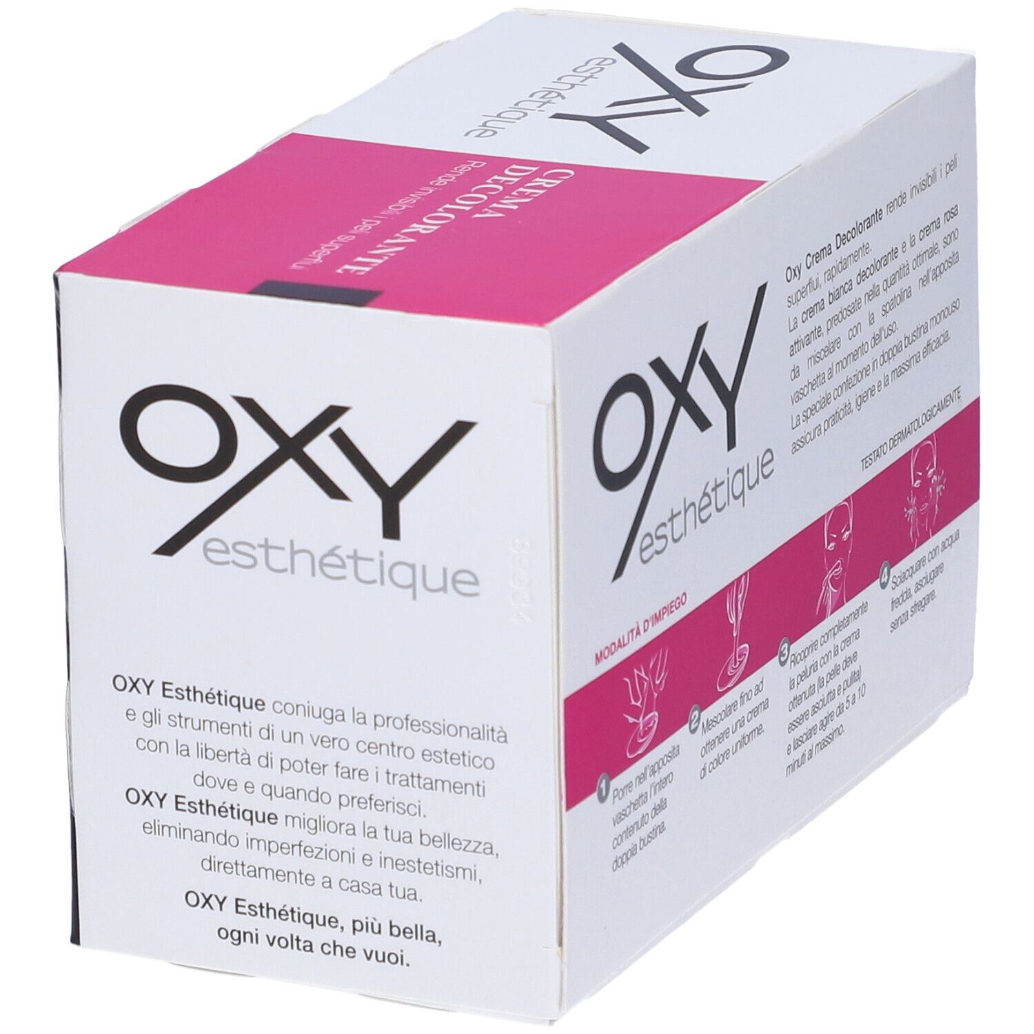 Confezione Oxy Esthétique. Bianca e rosa. Contiene Crema Decolorante. Istruzioni e ingredienti. 8 bustine.