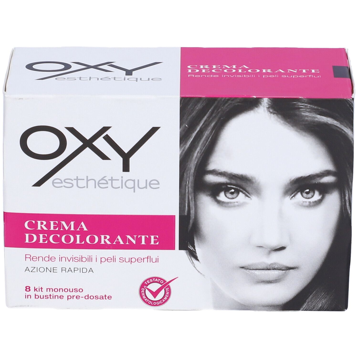 Confezione Oxy Esthétique. Bianca e rosa. Contiene Crema Decolorante. Immagine di donna. 8 bustine monodose.