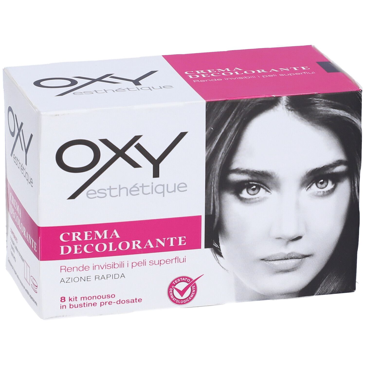 Confezione Oxy Esthétique. Bianca e rosa. Contiene Crema Decolorante. Immagine di donna. 8 bustine monodose.
