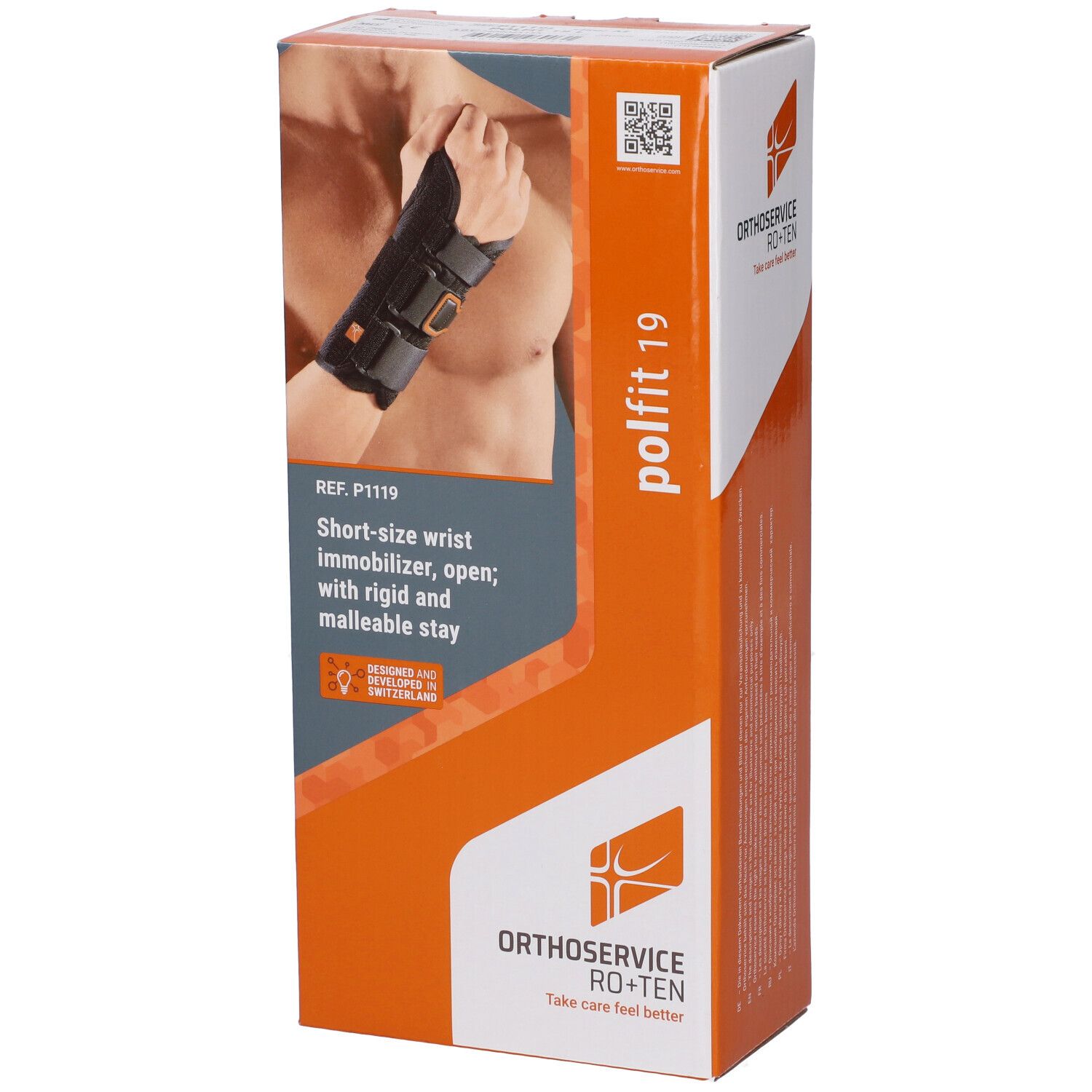 Produktverpackung. Orange-weiße Schachtel mit Produktabbildung und Text. Zeigt eine Handgelenkstütze am Arm. Marke: Orthoservice RO+TEN.