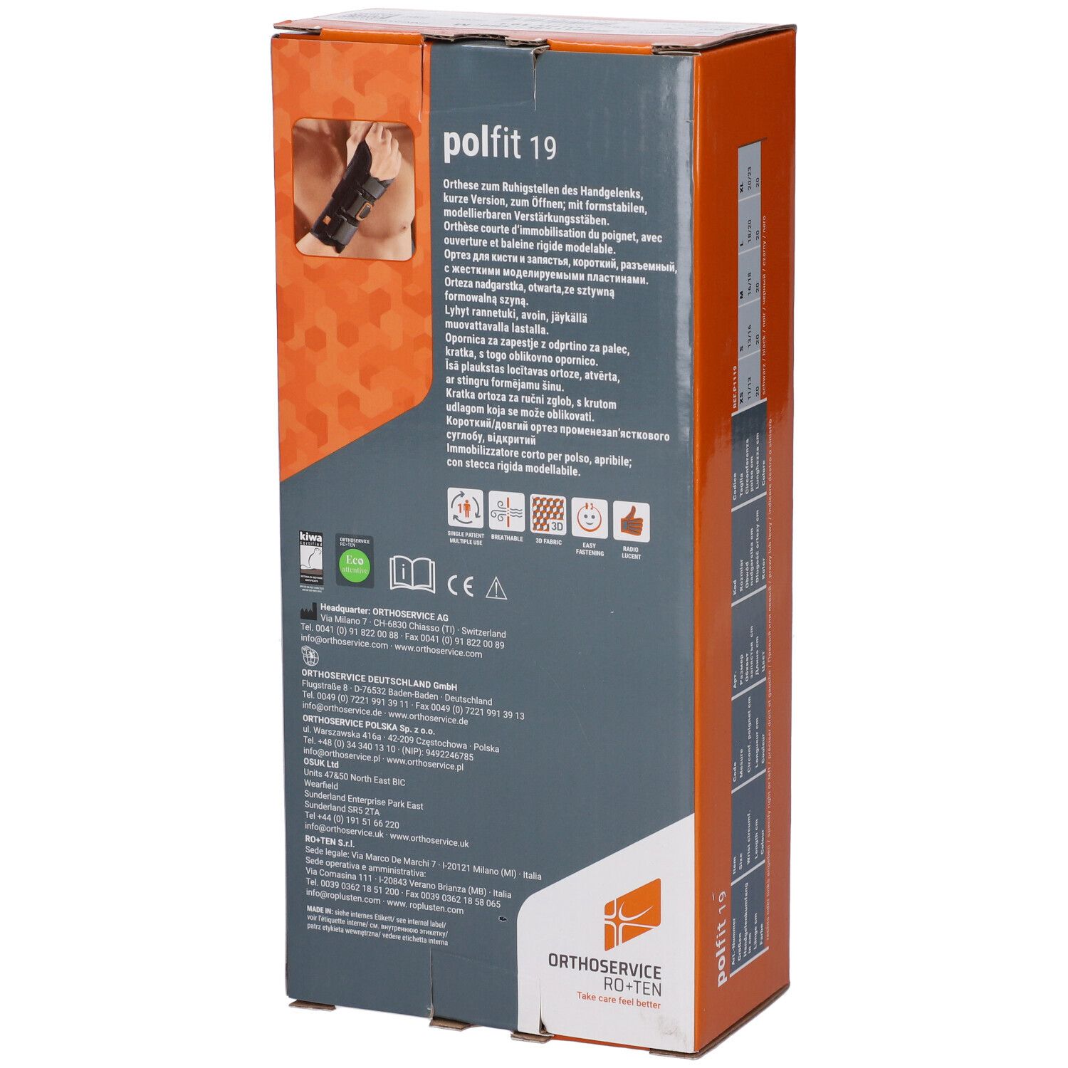 Produktverpackung. Rückseite der orange-weißen Schachtel. Enthält Produktinformationen, Logos und Kontaktinformationen. Marke: Orthoservice RO+TEN.