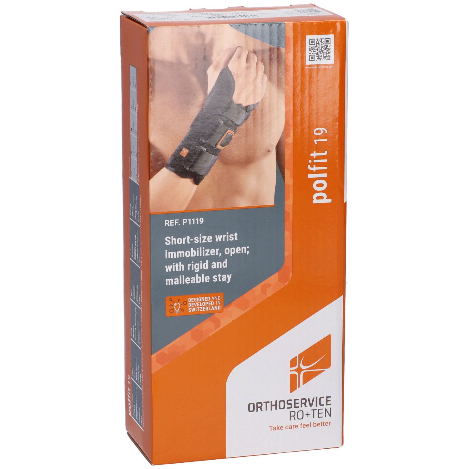 Produktverpackung. Orange-weiße Schachtel mit Produktabbildung und Text. Zeigt eine Handgelenkstütze am Arm. Marke: Orthoservice RO+TEN, Produktname: polfit 19.