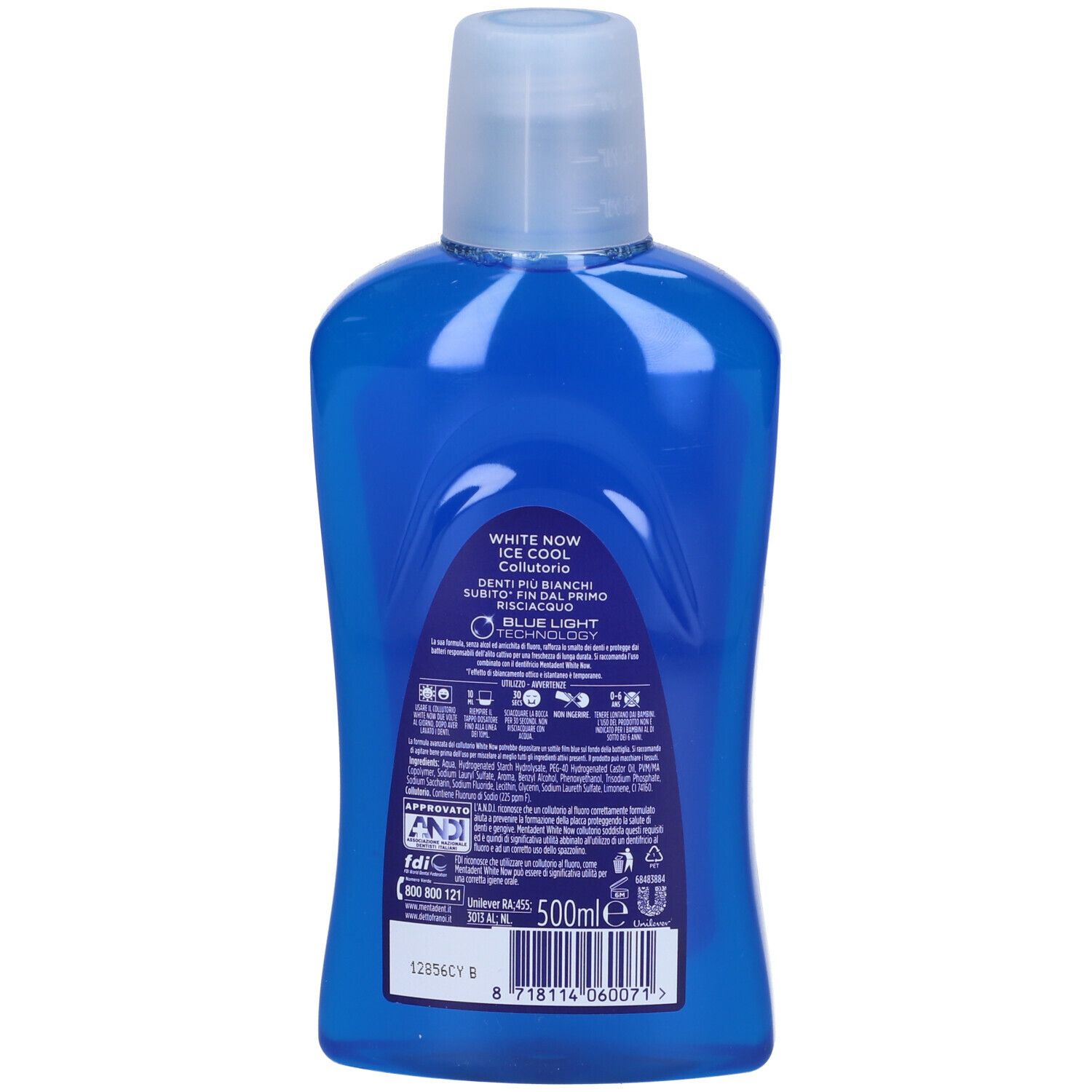 Retro flacone blu collutorio. Scritta: MENTADENT ICE COOL, WHITE NOW. Ingredienti, certificazioni.