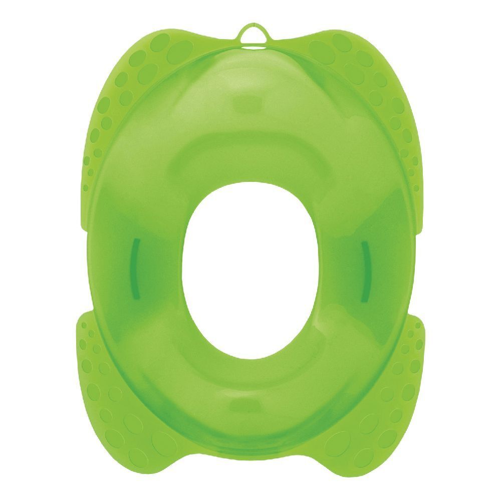 Sedile WC verde. Forma rotonda con apertura centrale. Maniglia superiore. Aree strutturate sui lati.