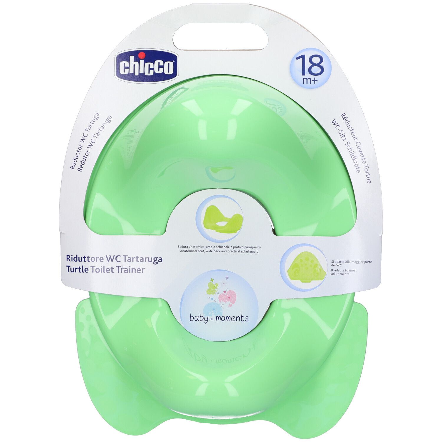 Confezione con sedile WC verde. Marchio Chicco. Età consigliata 18+. Nome del prodotto e illustrazioni.