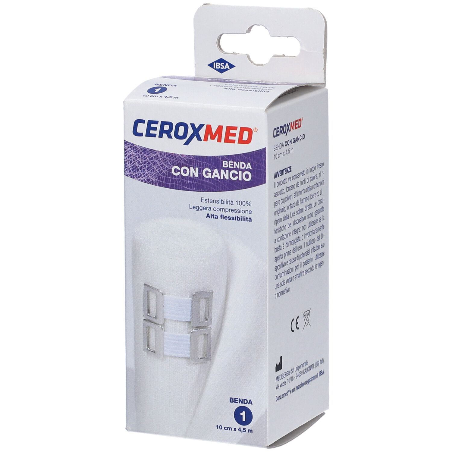 Benda elastica Ceroxmed con gancio. Rotolo bianco in confezione. 10cm x 4,5m. Leggera compressione, alta flessibilità.