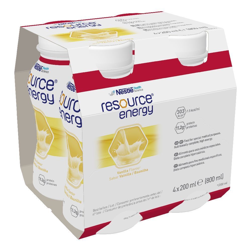 Confezione da quattro bottiglie. Scritta: Resource Energy, vaniglia. Logo Nestle Health Science. Bottiglie bianche, tappi bianchi, confezione in cartone.