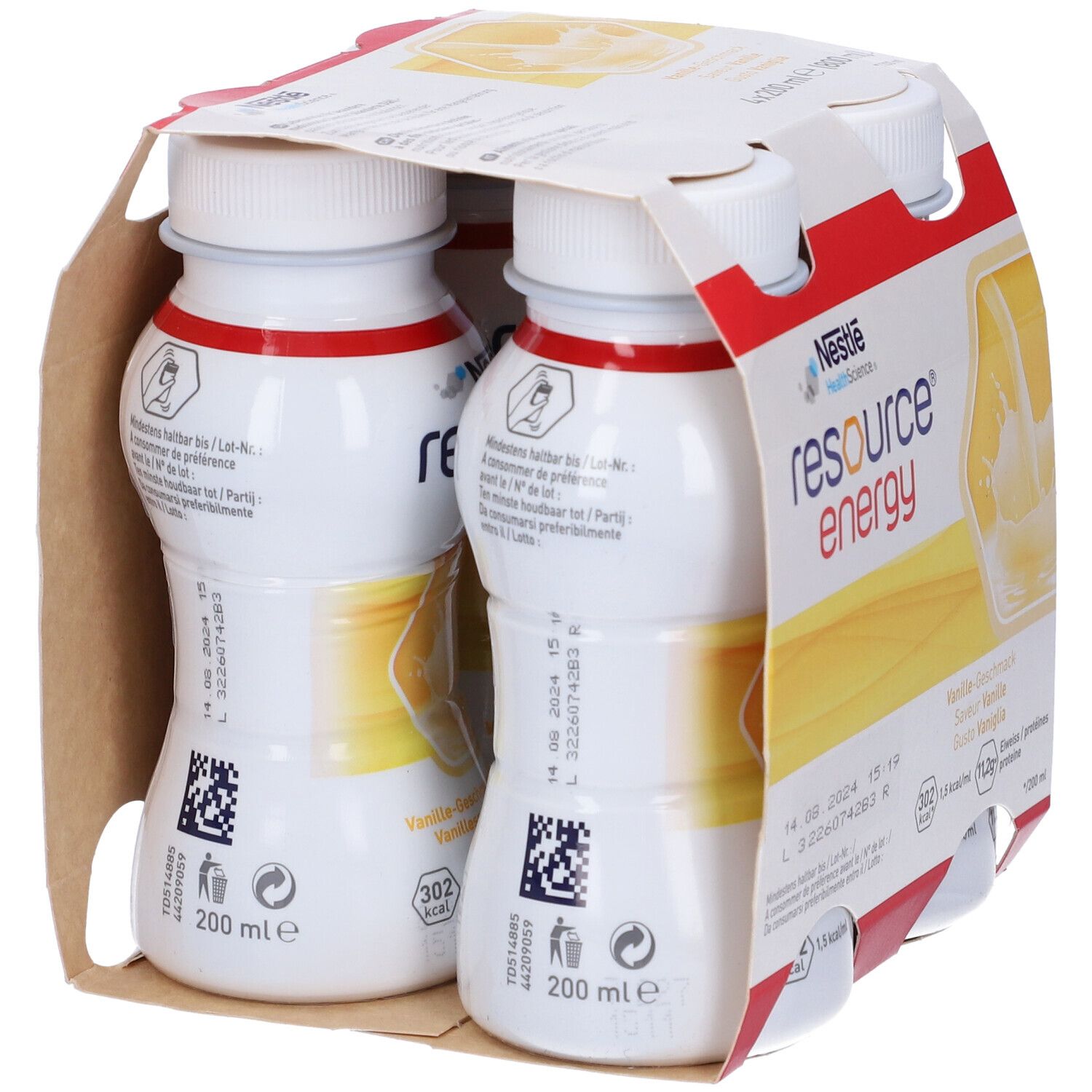 Confezione da quattro bottiglie. Scritta: Resource Energy, vaniglia. Logo Nestle Health Science. Bottiglie bianche, tappi bianchi, confezione in cartone.