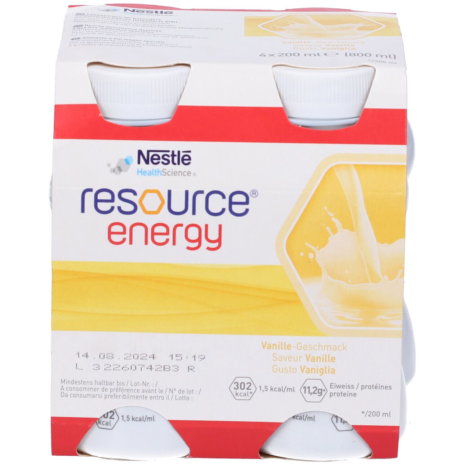 Confezione da quattro bottiglie. Scritta: Resource Energy, vaniglia. Logo Nestle Health Science. Bottiglie bianche, tappi bianchi, confezione in cartone.