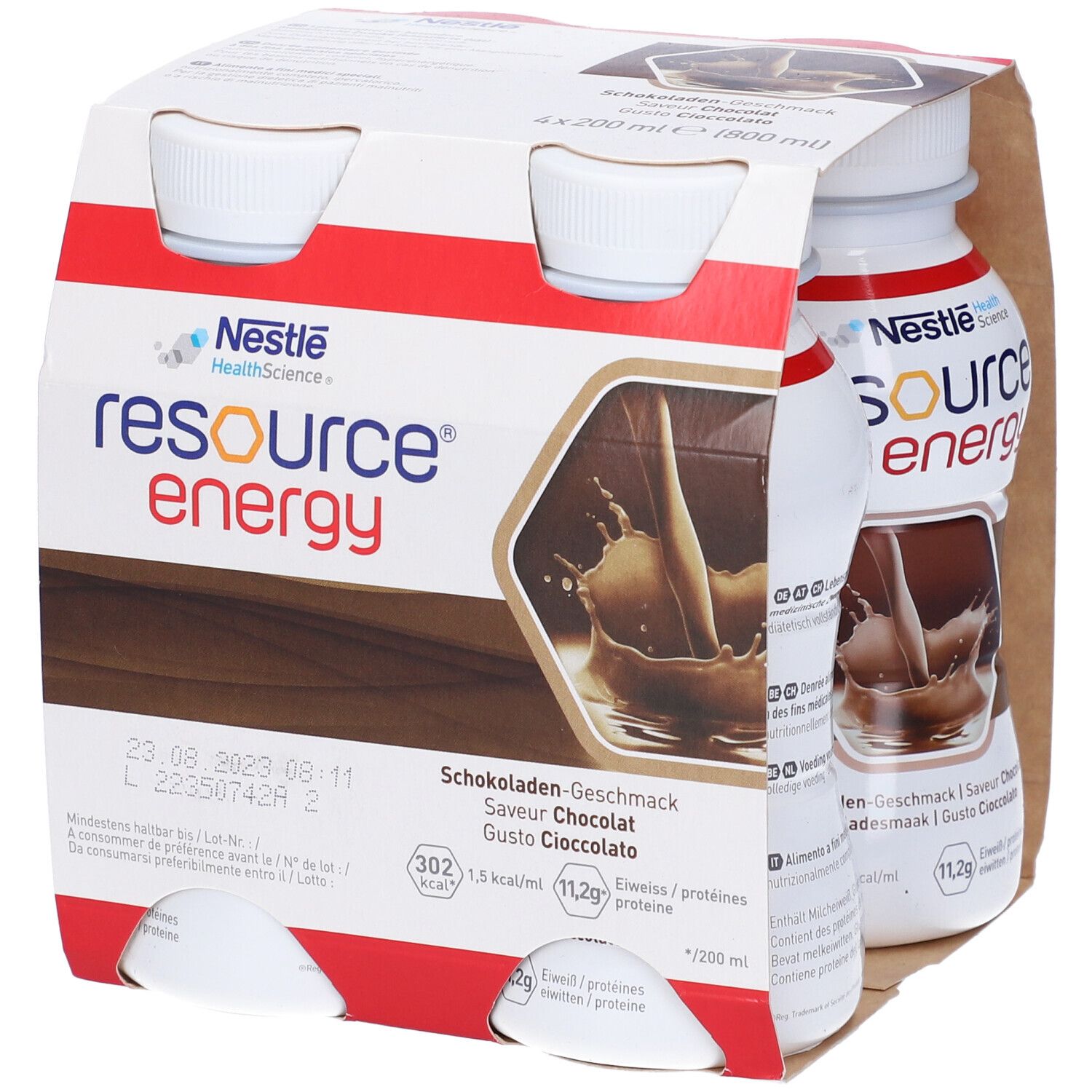 Confezione da quattro bottiglie Nestle Resource Energy Cioccolato. Scritte: marchio, gusto, informazioni nutrizionali, scadenza.