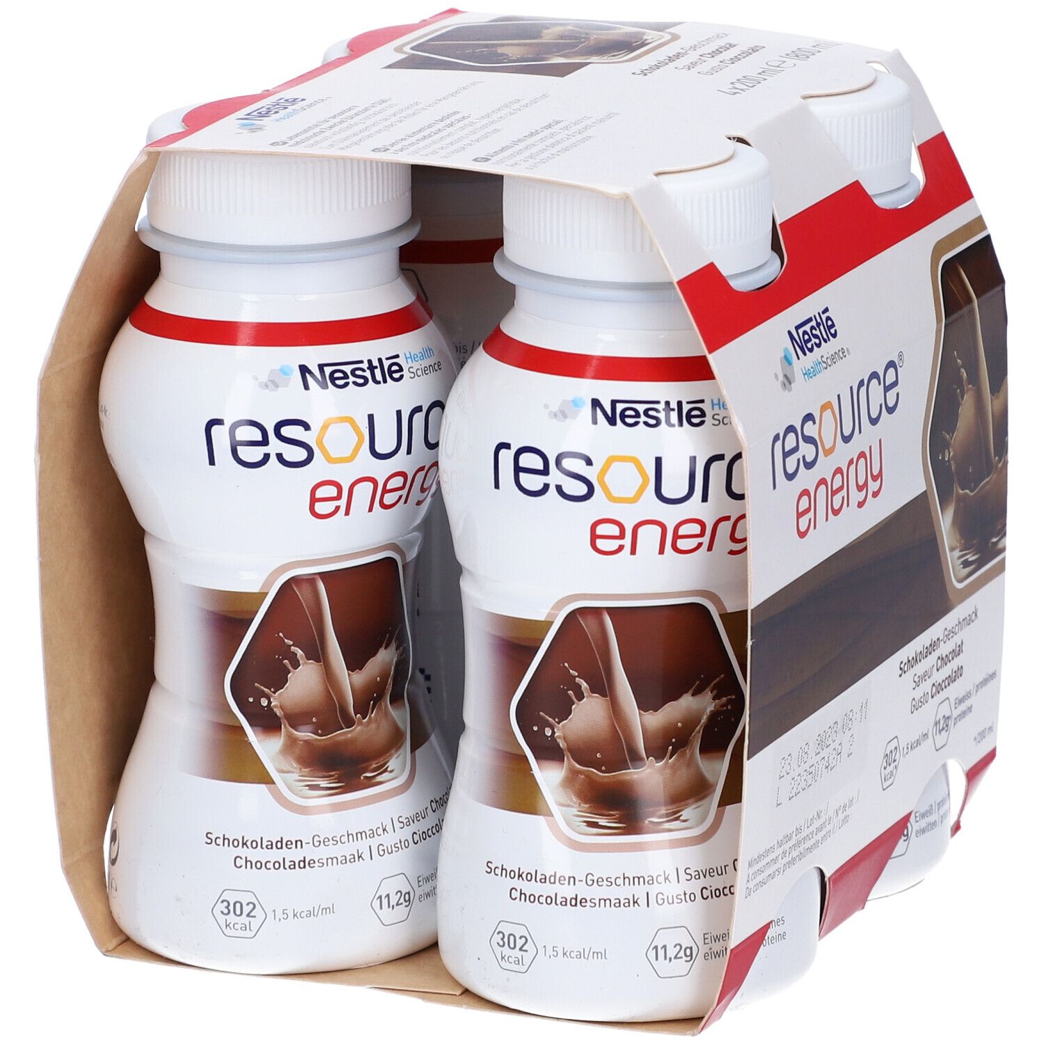 Confezione da quattro bottiglie Nestle Resource Energy Cioccolato. Scritte: marchio, gusto, informazioni nutrizionali.