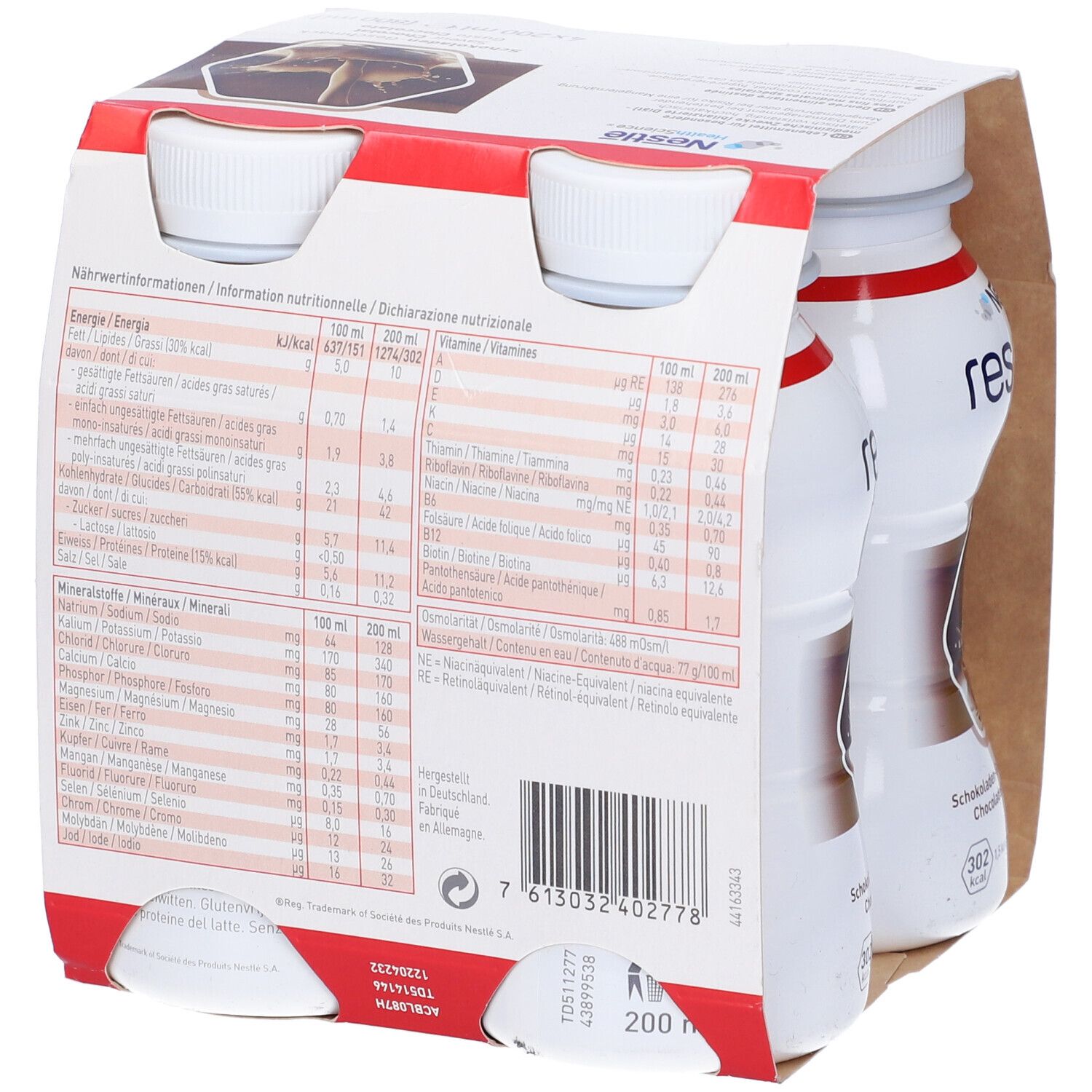 Retro della confezione da quattro bottiglie Nestle Resource Energy Cioccolato. Informazioni nutrizionali, ingredienti, produttore.