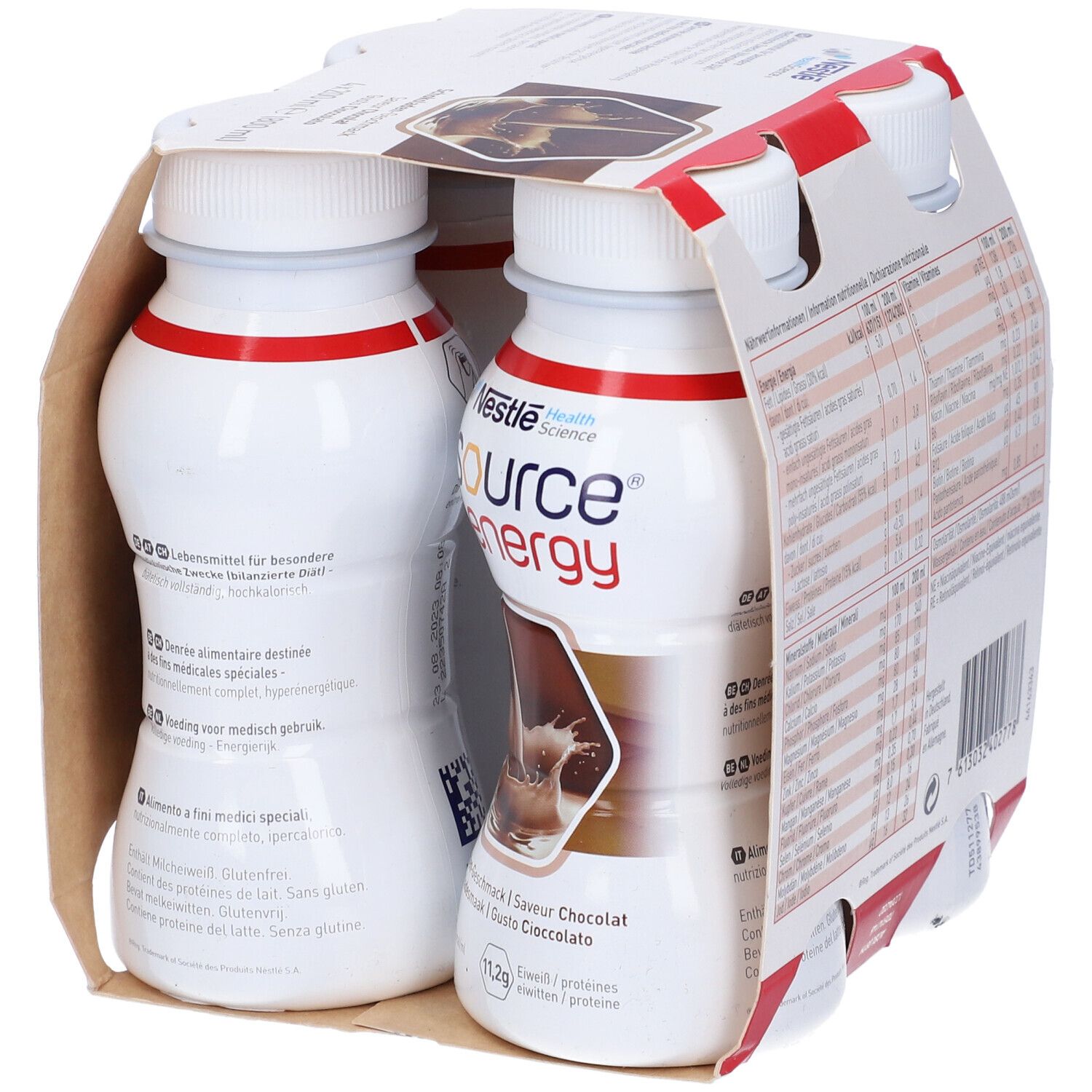 Confezione da quattro bottiglie Nestle Resource Energy Cioccolato. Scritte: marchio, gusto, informazioni nutrizionali, istruzioni.
