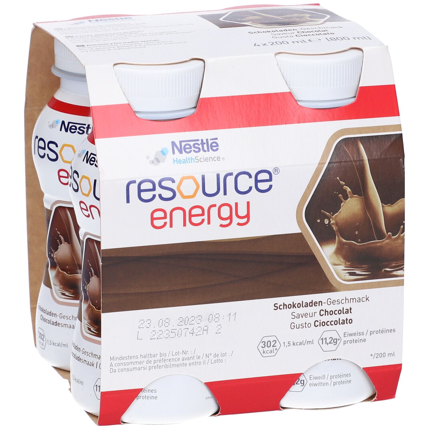 Confezione da quattro bottiglie Nestle Resource Energy Cioccolato. Scritte: marchio, gusto, informazioni nutrizionali, scadenza.