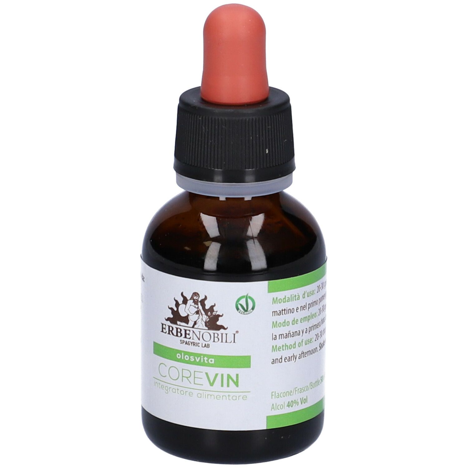 Flacone con contagocce. CoreVin, Olosvita. Marca Erbenobili. Vegan.