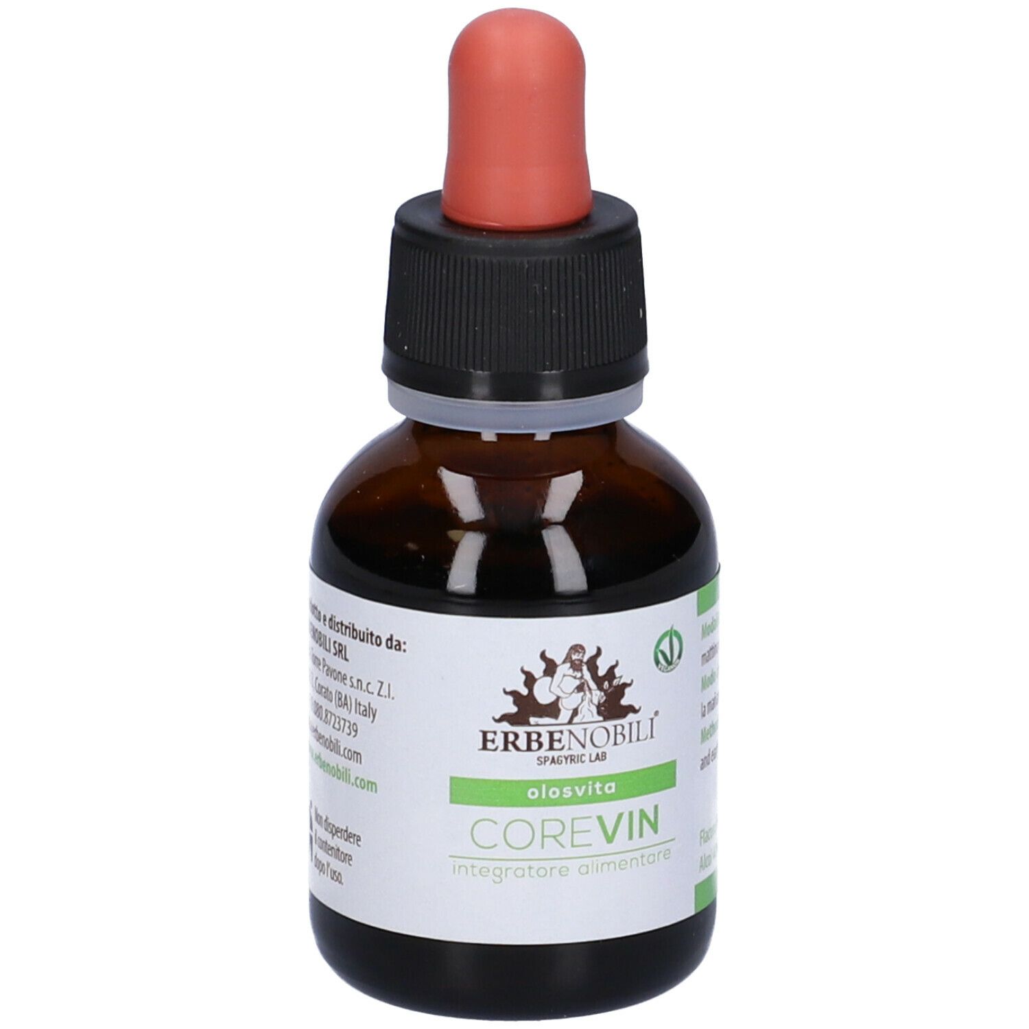 Flacone con contagocce. CoreVin, Olosvita. Marca Erbenobili. Vegan.