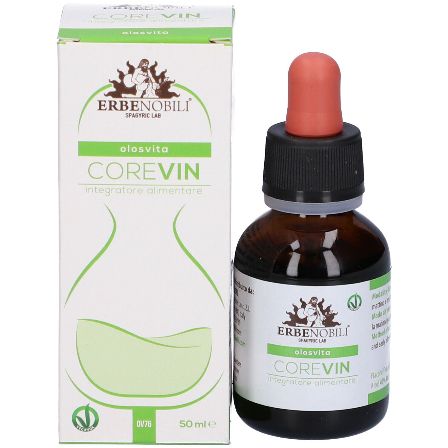Flacone e confezione. CoreVin, Olosvita. Marca Erbenobili. 50 ml.