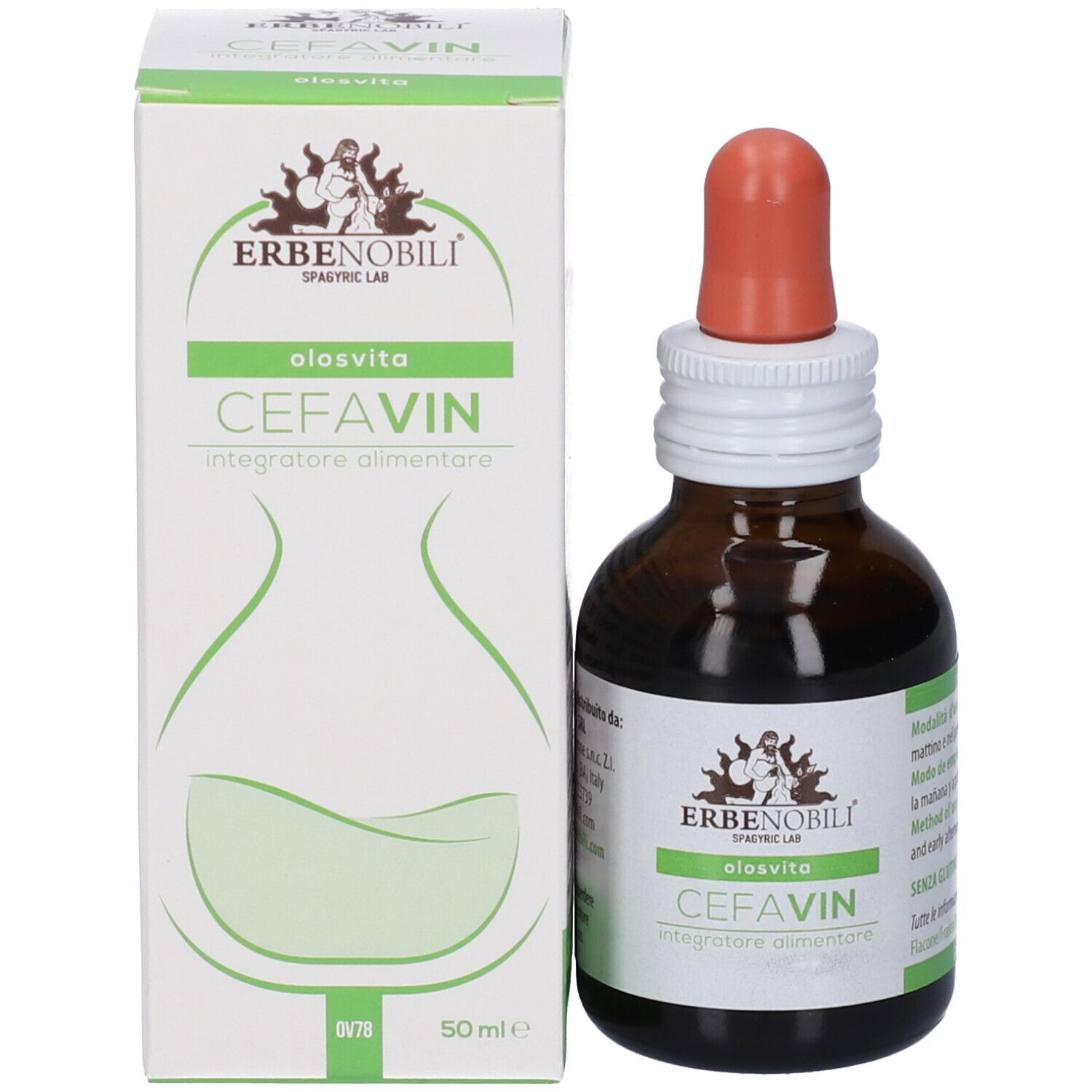 Flasche und Kartonverpackung von Olosvita Cefavin, beide mit 'ERBENOBILI' Logo und 'CEFAVIN' Schriftzug.