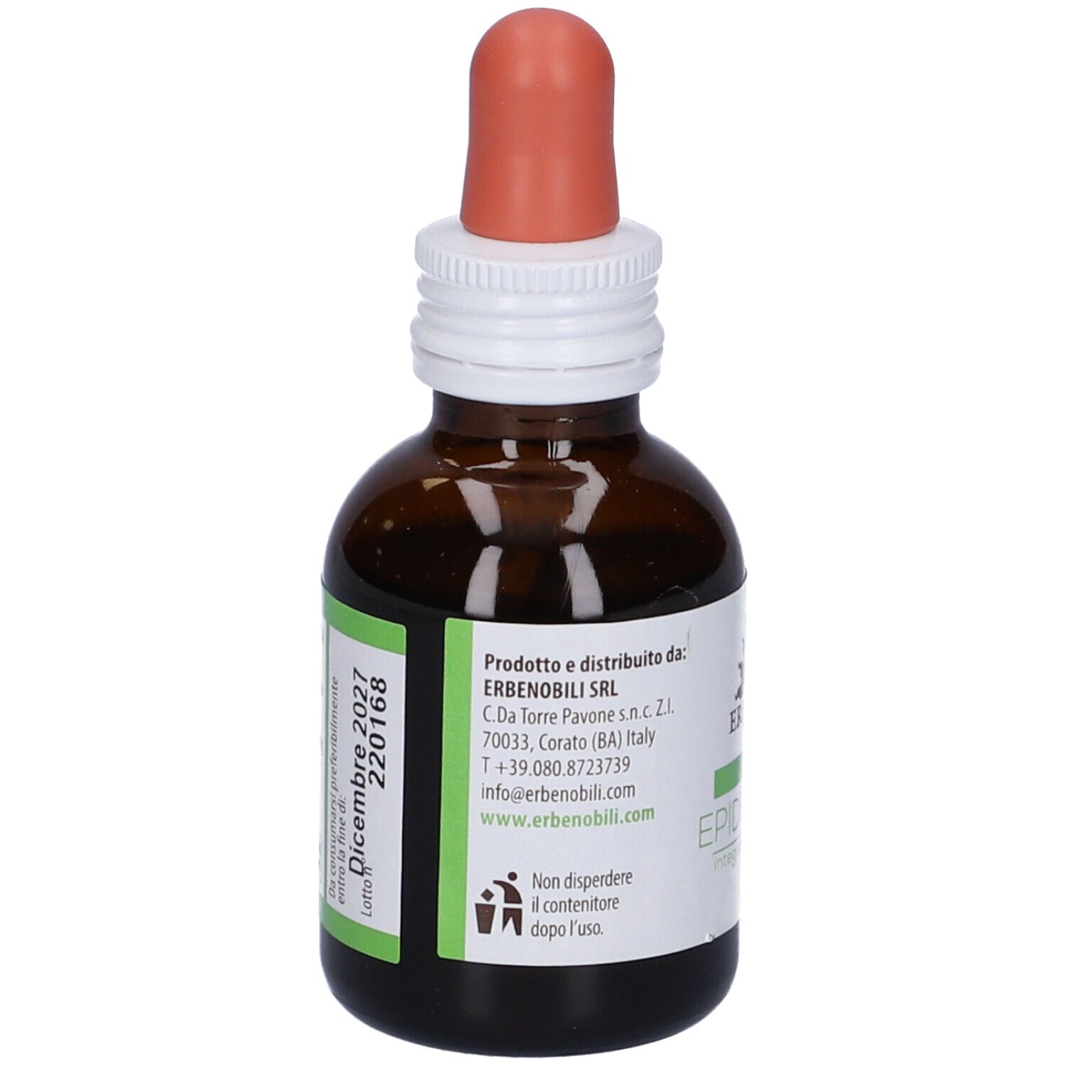 Flacone di vetro marrone con pipetta. Etichetta con testo. Scritta: Epidermavin, Erbenobili. Etichetta verde.