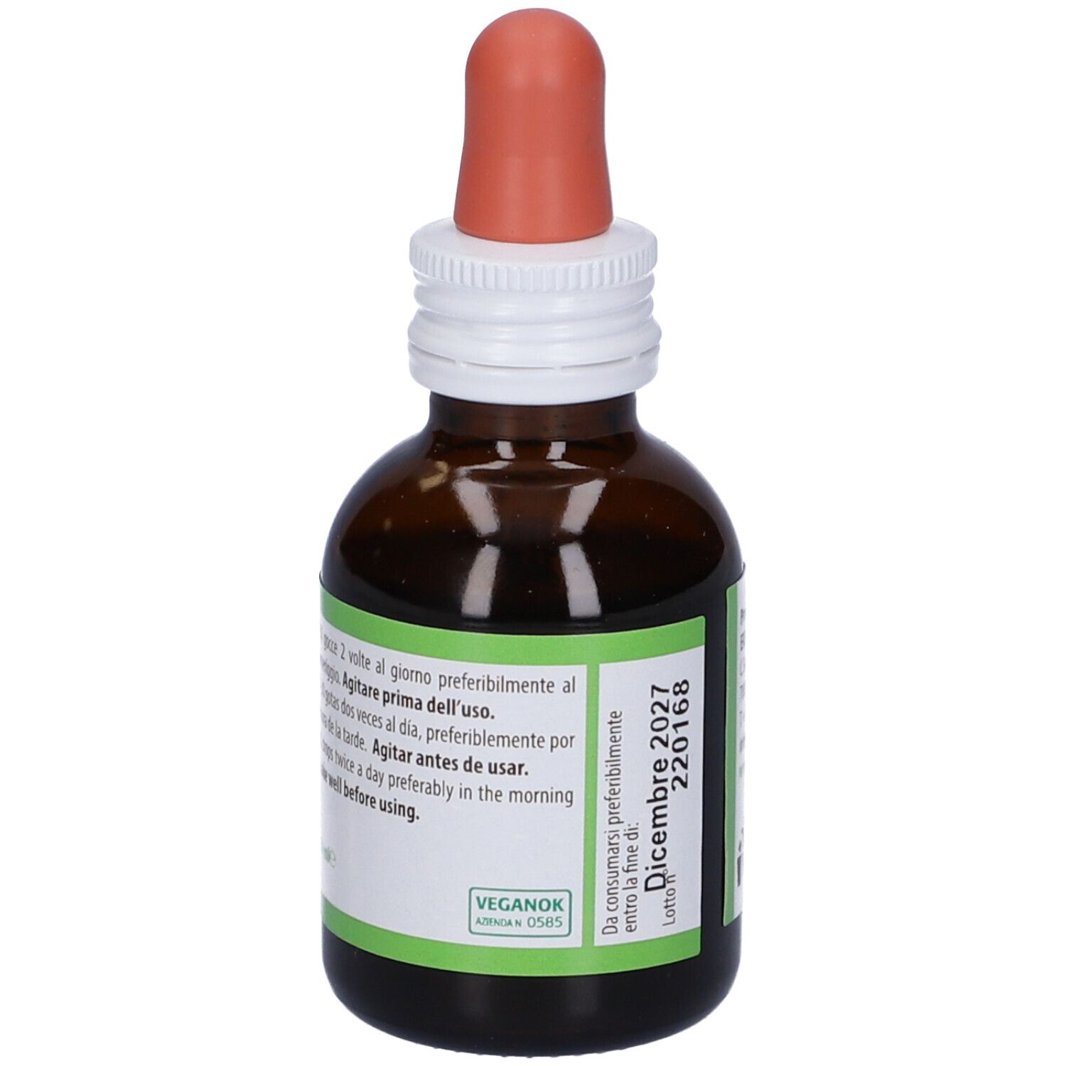 Flacone di vetro marrone con pipetta. Etichetta con testo. Scritta: Epidermavin, Erbenobili. Etichetta verde.