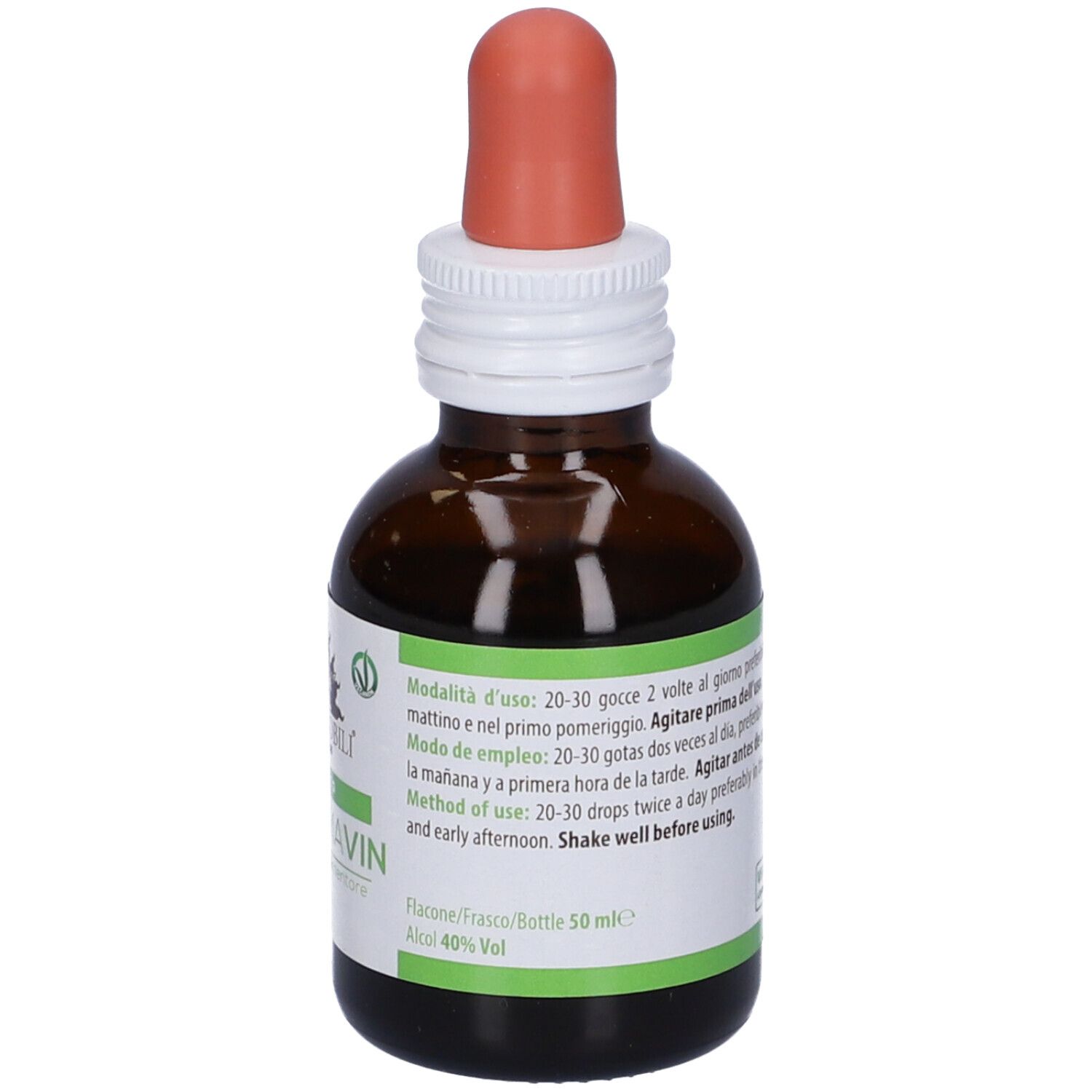 Flacone di vetro marrone con pipetta. Etichetta con testo. Scritta: Epidermavin, Erbenobili. Etichetta verde.