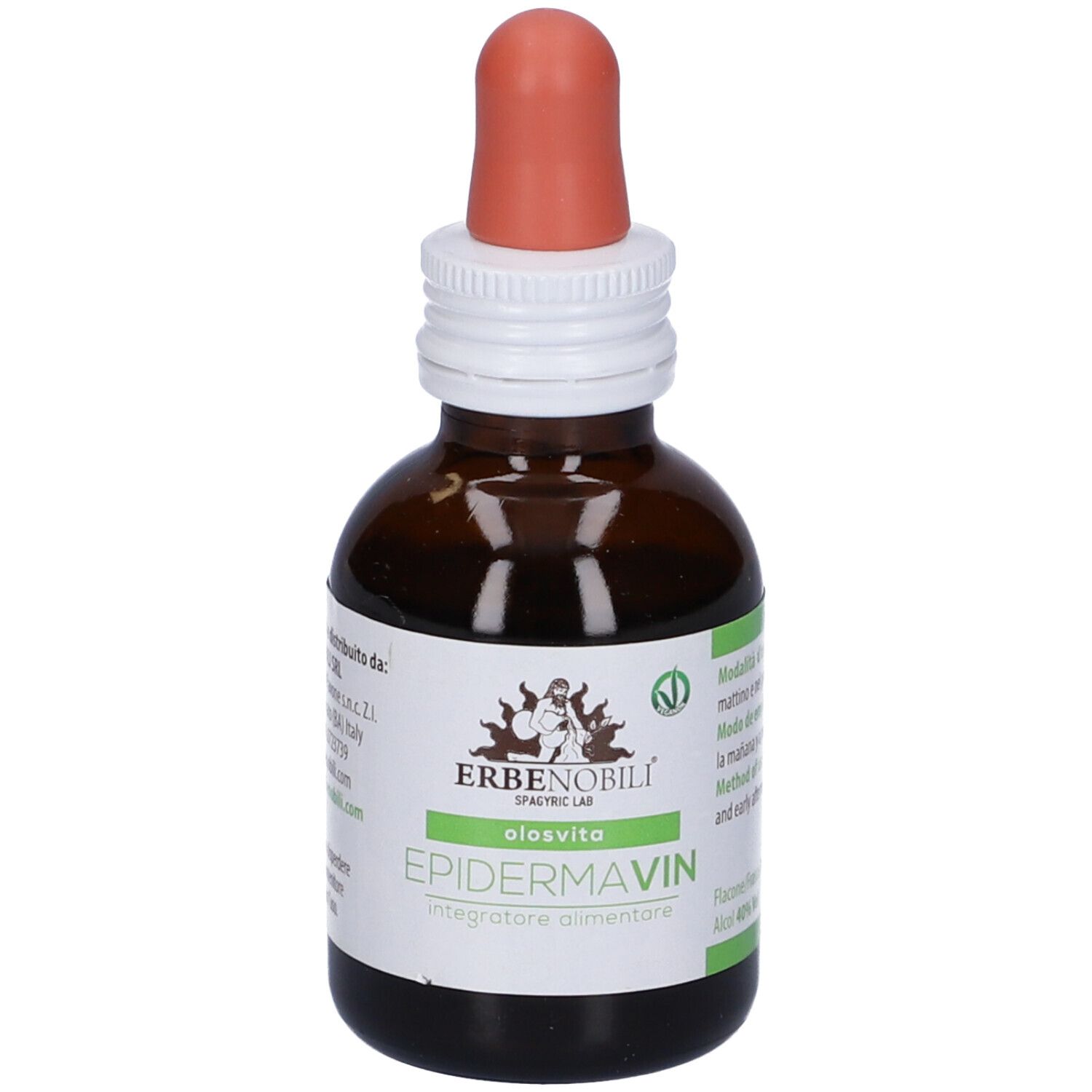 Flacone di vetro marrone con pipetta. Etichetta con testo. Scritta: Epidermavin, Erbenobili. Etichetta verde.