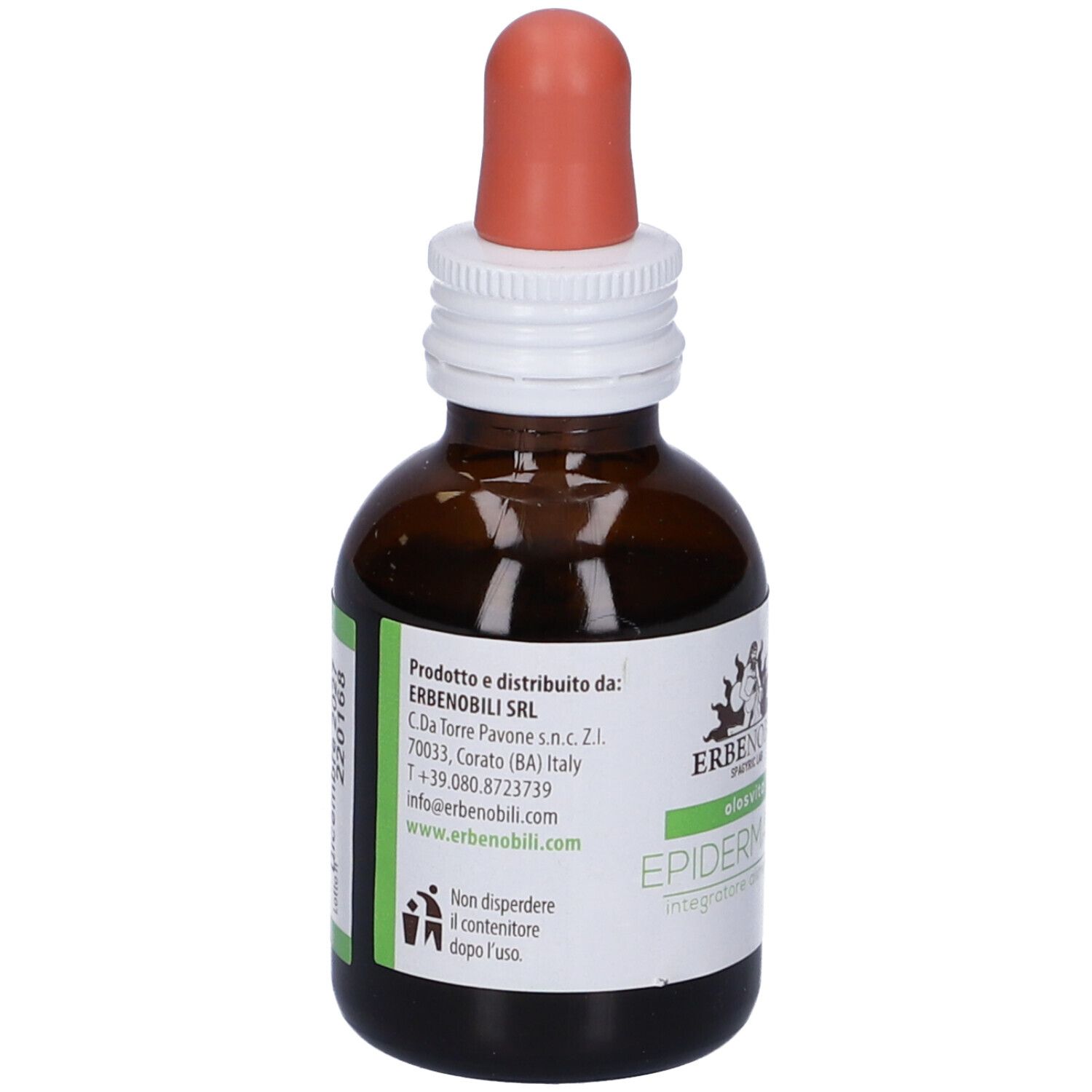 Flacone di vetro marrone con pipetta. Etichetta con testo. Scritta: Epidermavin, Erbenobili. Etichetta verde.