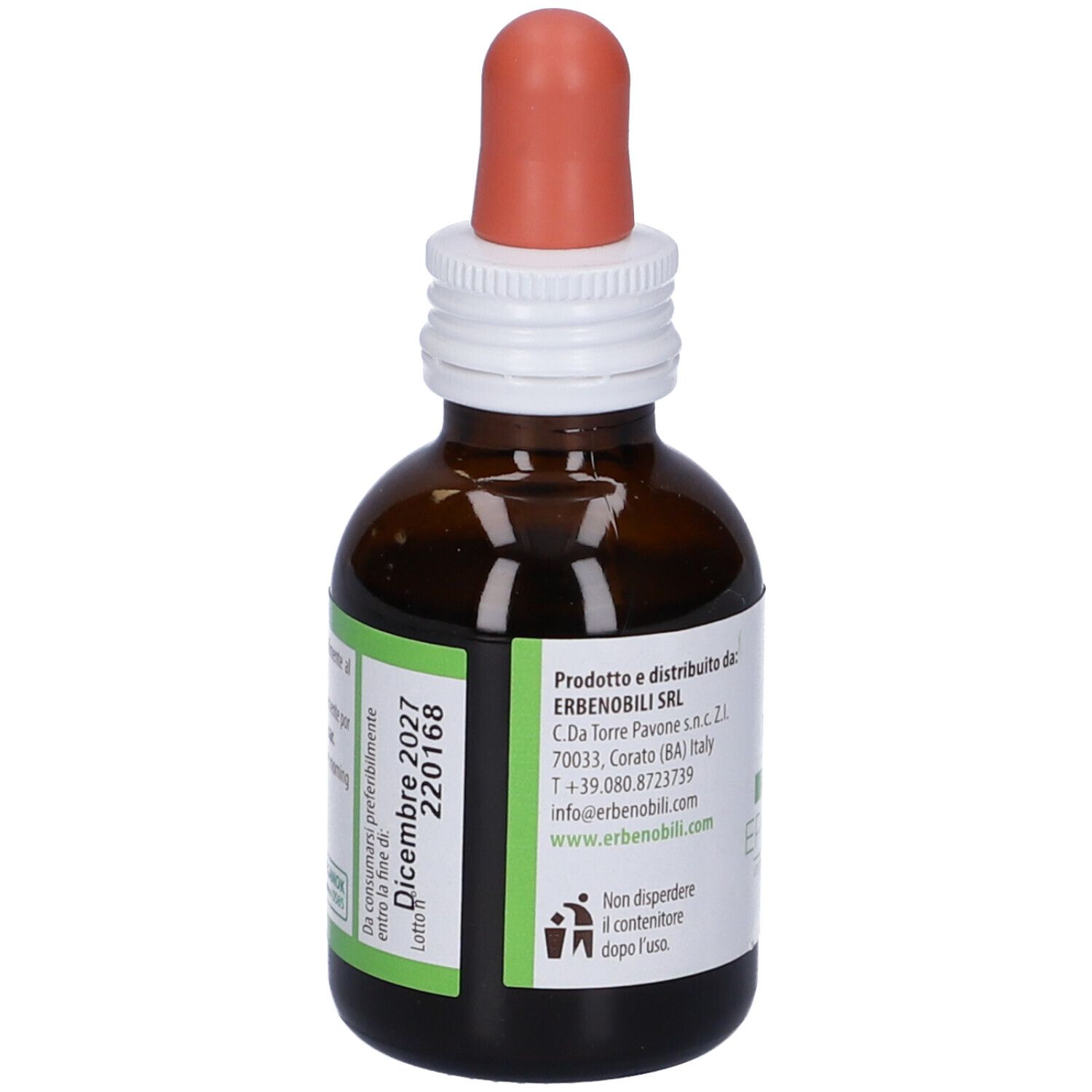Flacone di vetro marrone con pipetta. Etichetta con testo. Scritta: Epidermavin, Erbenobili. Etichetta verde.