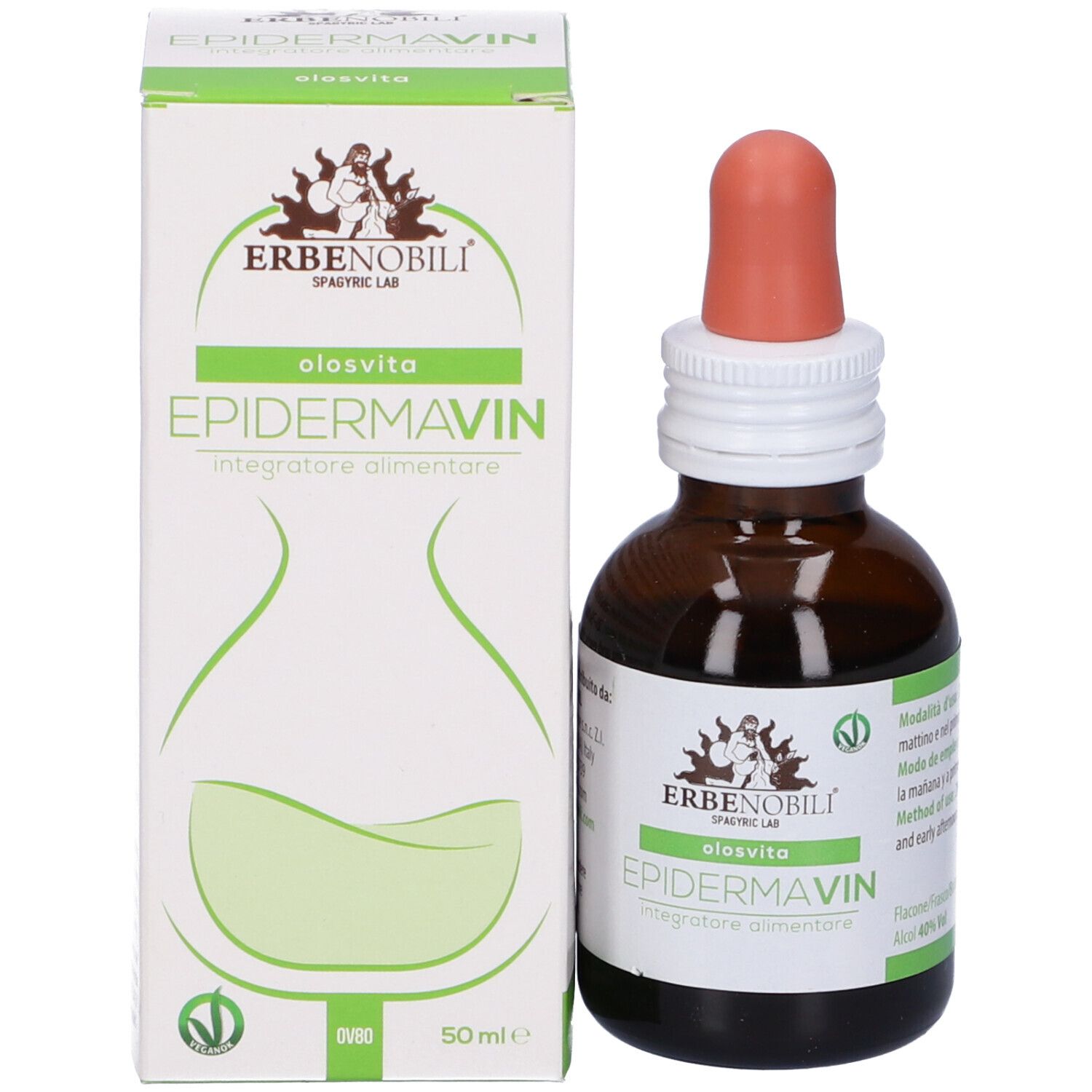 Flacone di vetro marrone con pipetta e scatola. Scritta: Epidermavin, OlosVita, Erbenobili. 50 ml.