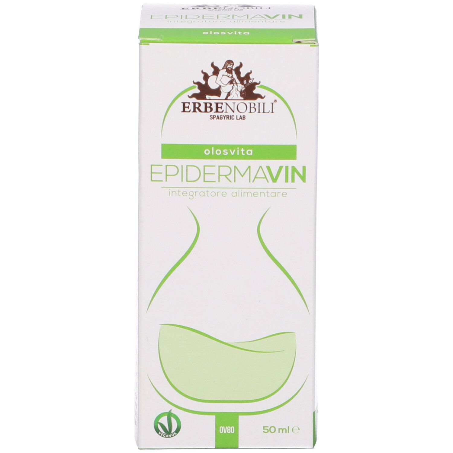 Scatola di cartone con stampa del prodotto. Scritta: Epidermavin, OlosVita, Erbenobili. 50 ml.