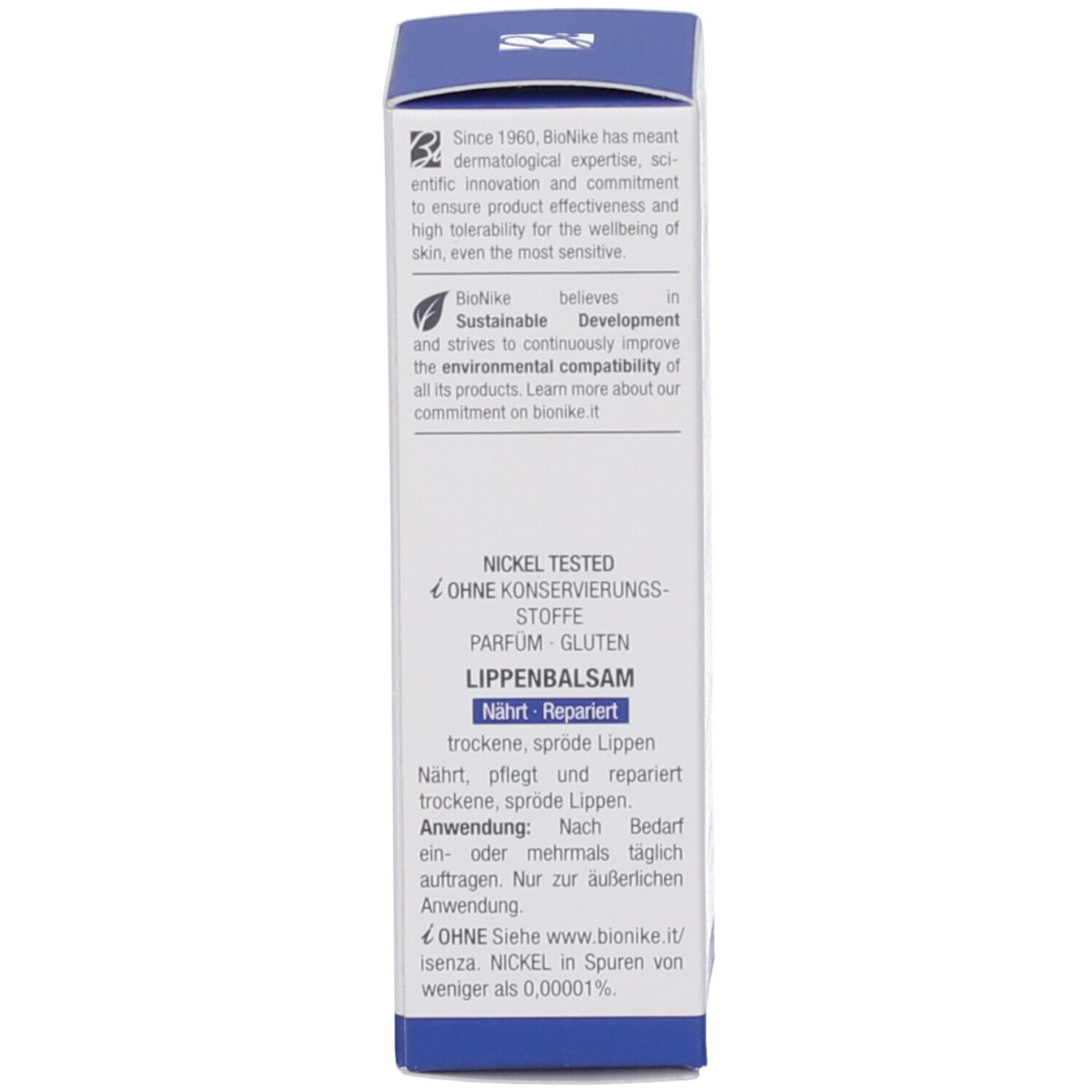 Produktverpackung, Rückseite. Text in Deutsch: Lippenbalsam, Nährt, repariert trockene, spröde Lippen. Marke: BioNike. Nickel Tested.