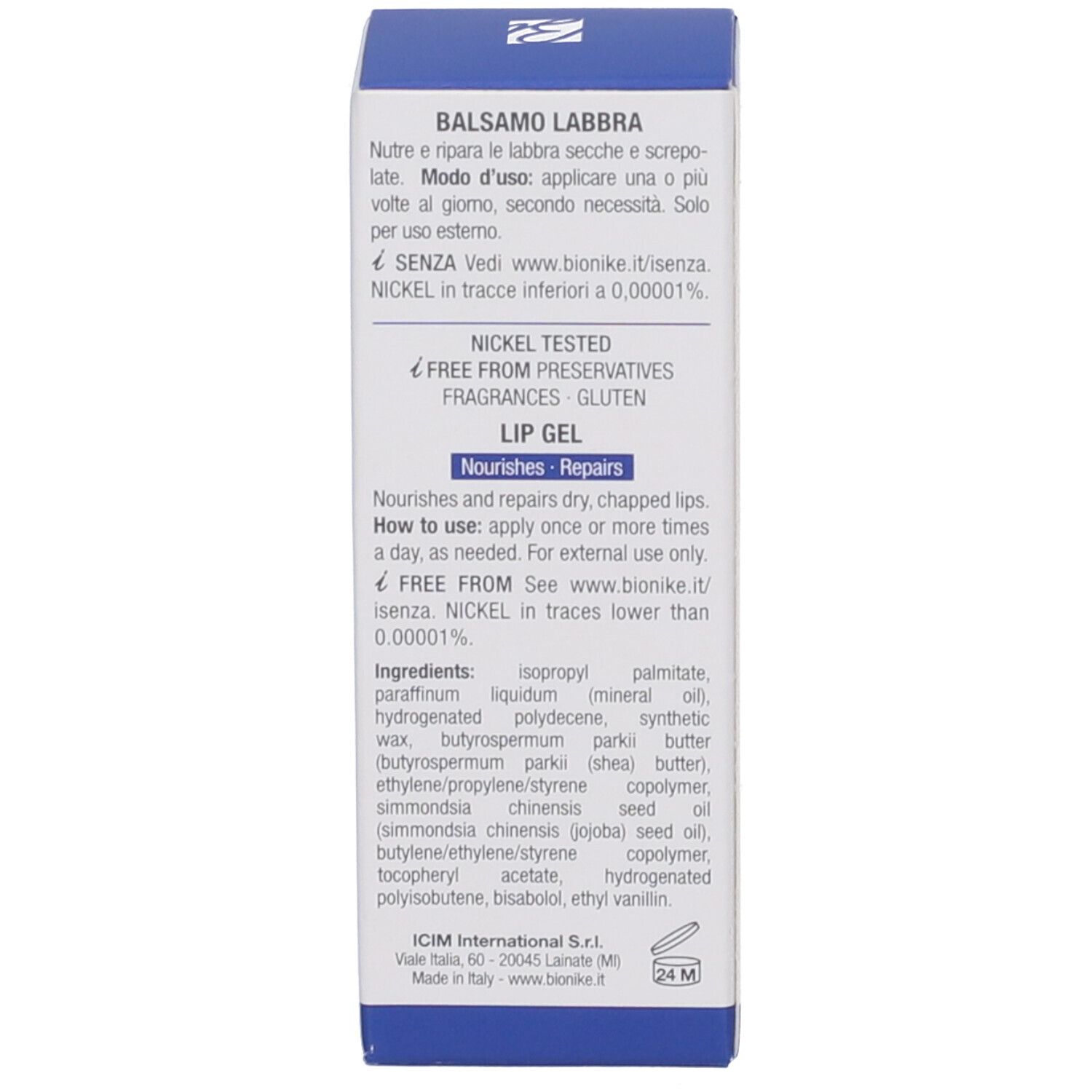 Produktverpackung, Rückseite. Text in Englisch: Nourishes and repairs dry, chapped lips. Inhaltsstoffe. Marke: BioNike. Nickel Tested.