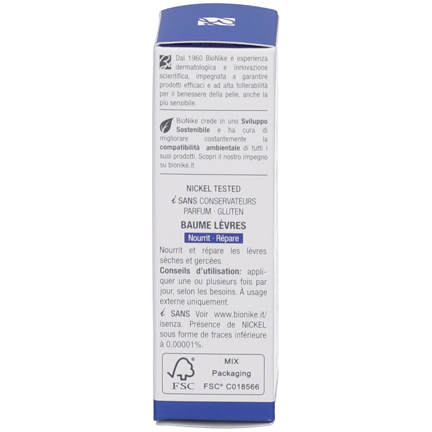 Produktverpackung, Rückseite. Text in Französisch: Baume Lèvres, Nourrit et répare les lèvres sèches. Marke: BioNike. Nickel Tested.