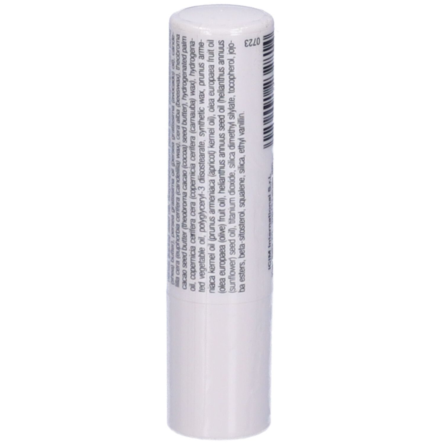 Stick labbra bianco. Ingredienti sul retro. Testo in italiano.