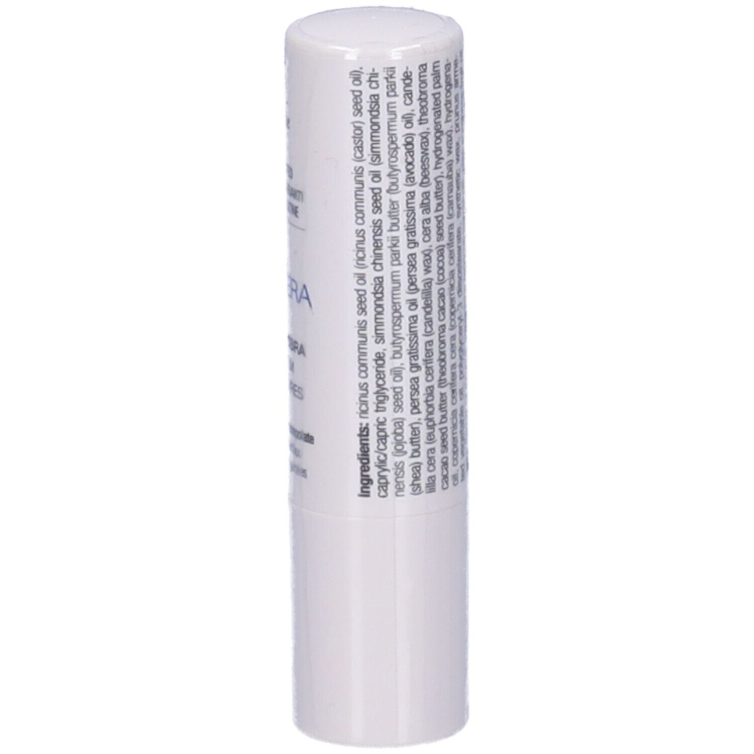 Stick labbra bianco. Ingredienti sul retro. Testo in inglese.
