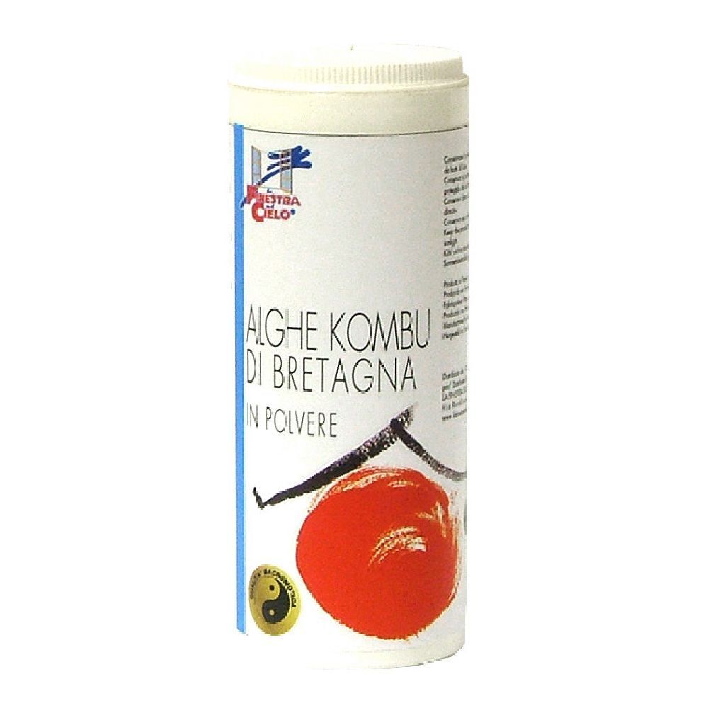 Barattolo cilindrico con testo. Scritta: Alghe Kombu di Bretagna in Polvere. Logo: Simbolo Yin-Yang e cerchio rosso.