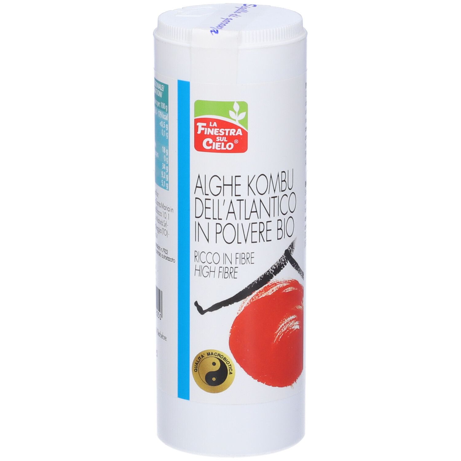 Barattolo cilindrico con testo. Scritta: Alghe Kombu dell'Atlantico in Polvere Bio. Logo: Simbolo Yin-Yang e cerchio rosso.