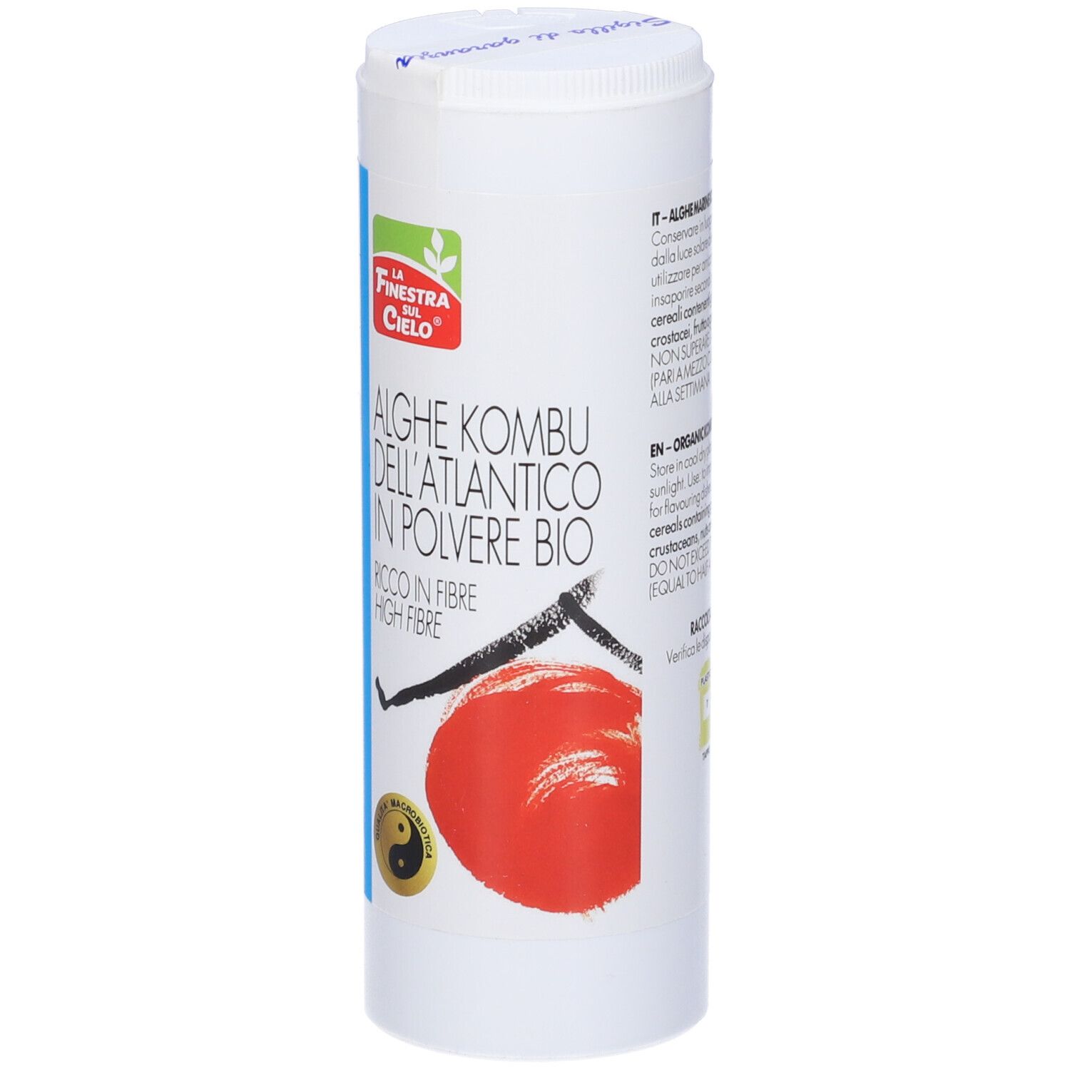 Barattolo cilindrico con testo. Scritta: Alghe Kombu dell'Atlantico in Polvere Bio. Logo: Simbolo Yin-Yang e cerchio rosso.