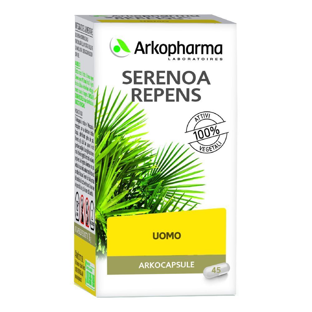 Scatola bianca Arkopharma, Serenoa Repens, 'UOMO' e 'Arkocapsule'. 45 capsule. Logo verde.