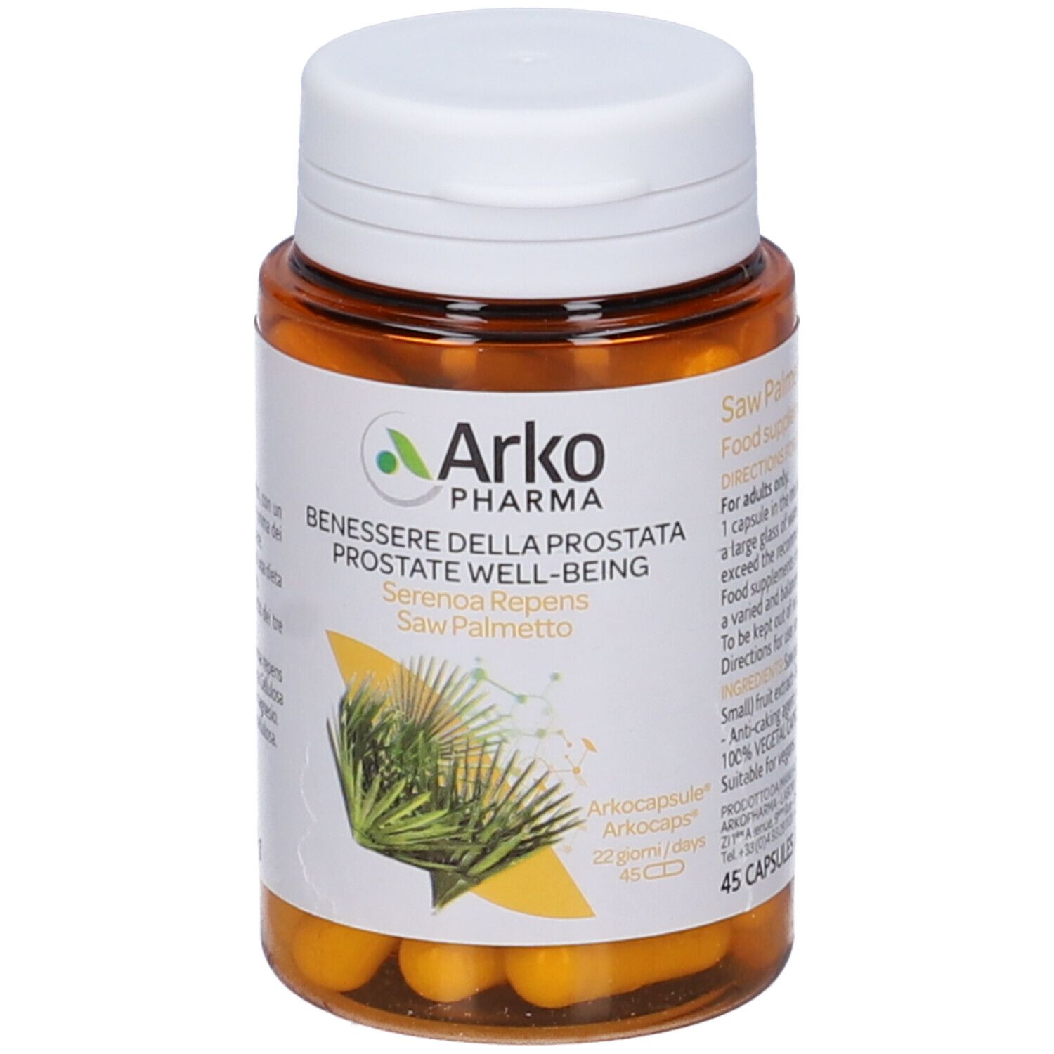 Flacone marrone, tappo bianco. Logo Arkopharma, Serenoa Repens, 45 capsule. Capsule gialle visibili.