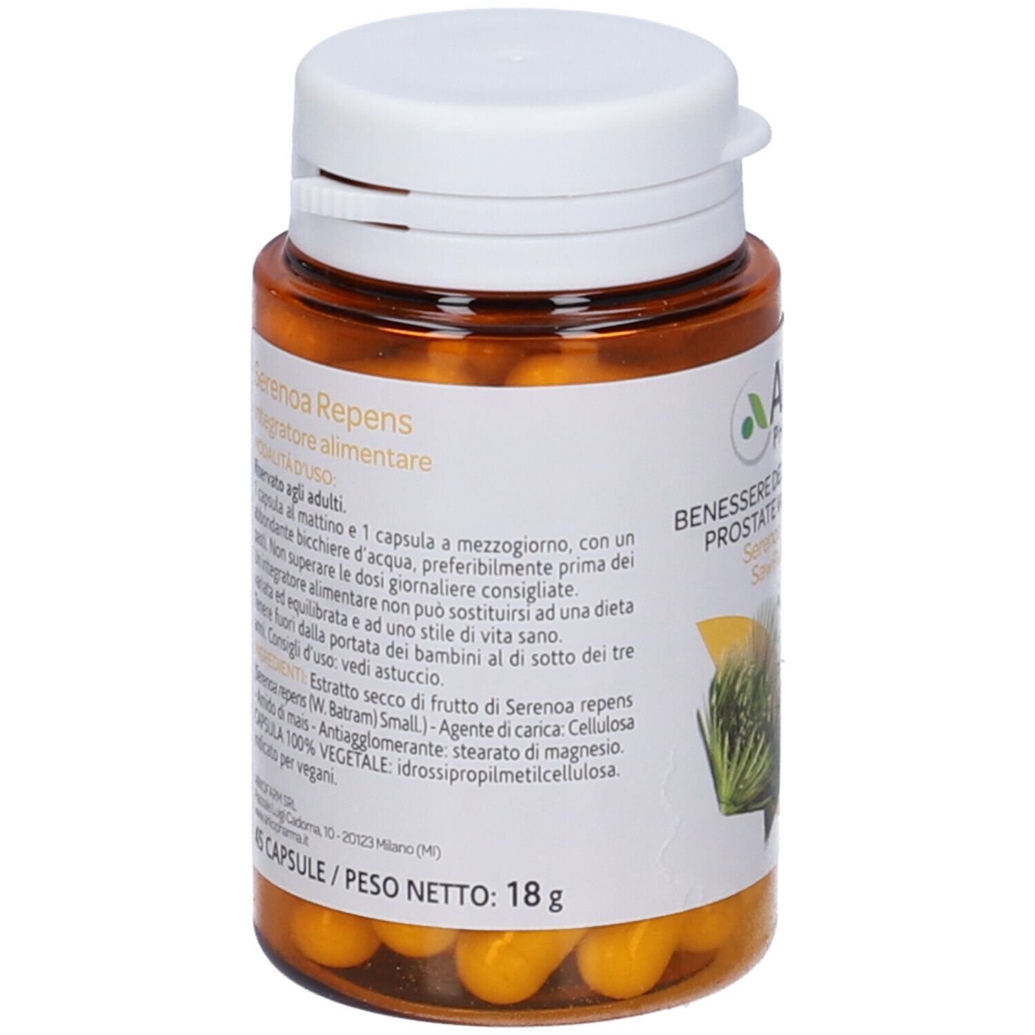 Flacone marrone, tappo bianco. Logo Arkopharma, Serenoa Repens, 45 capsule. Capsule gialle visibili.