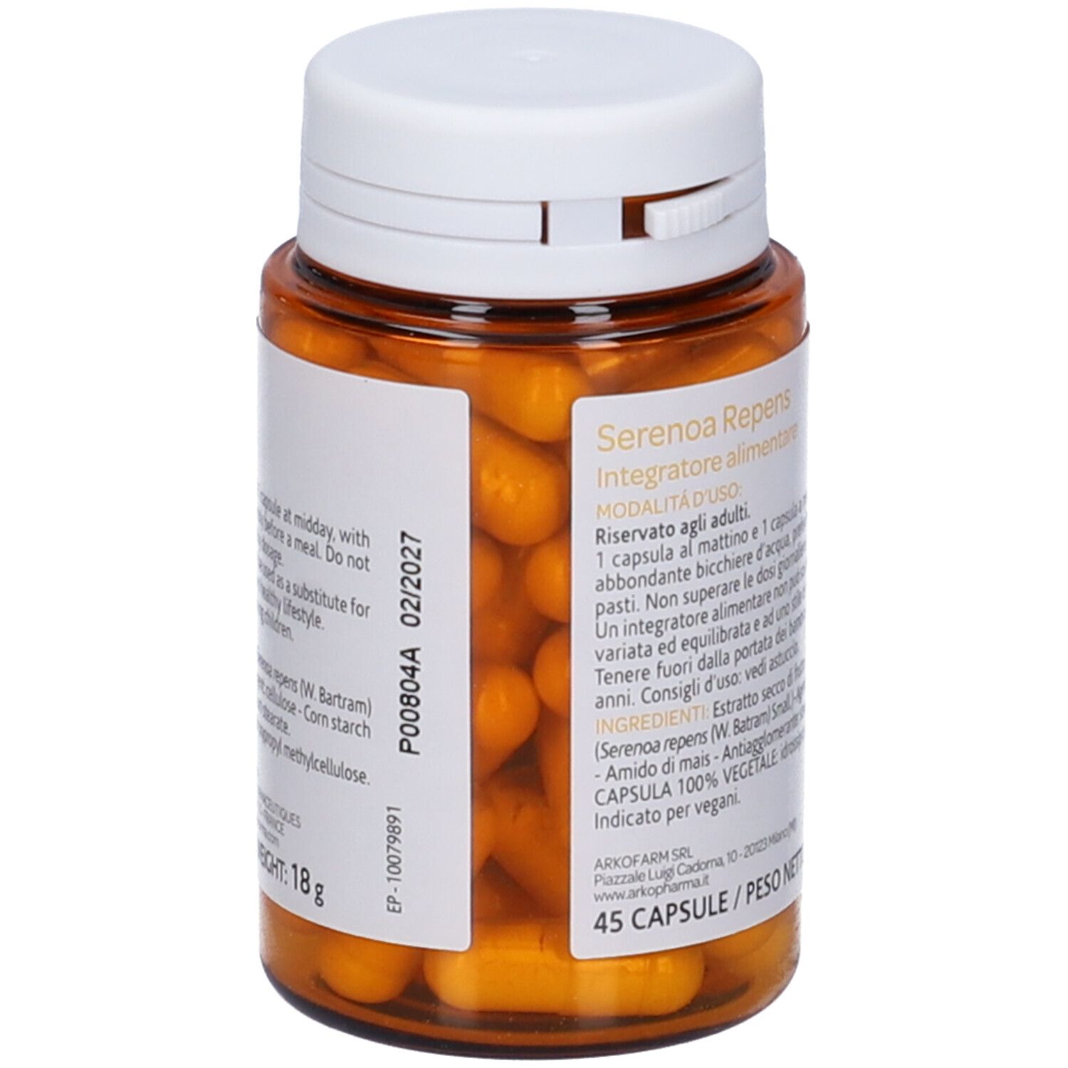 Flacone marrone, tappo bianco. Logo Arkopharma, Serenoa Repens, 45 capsule. Capsule gialle visibili.