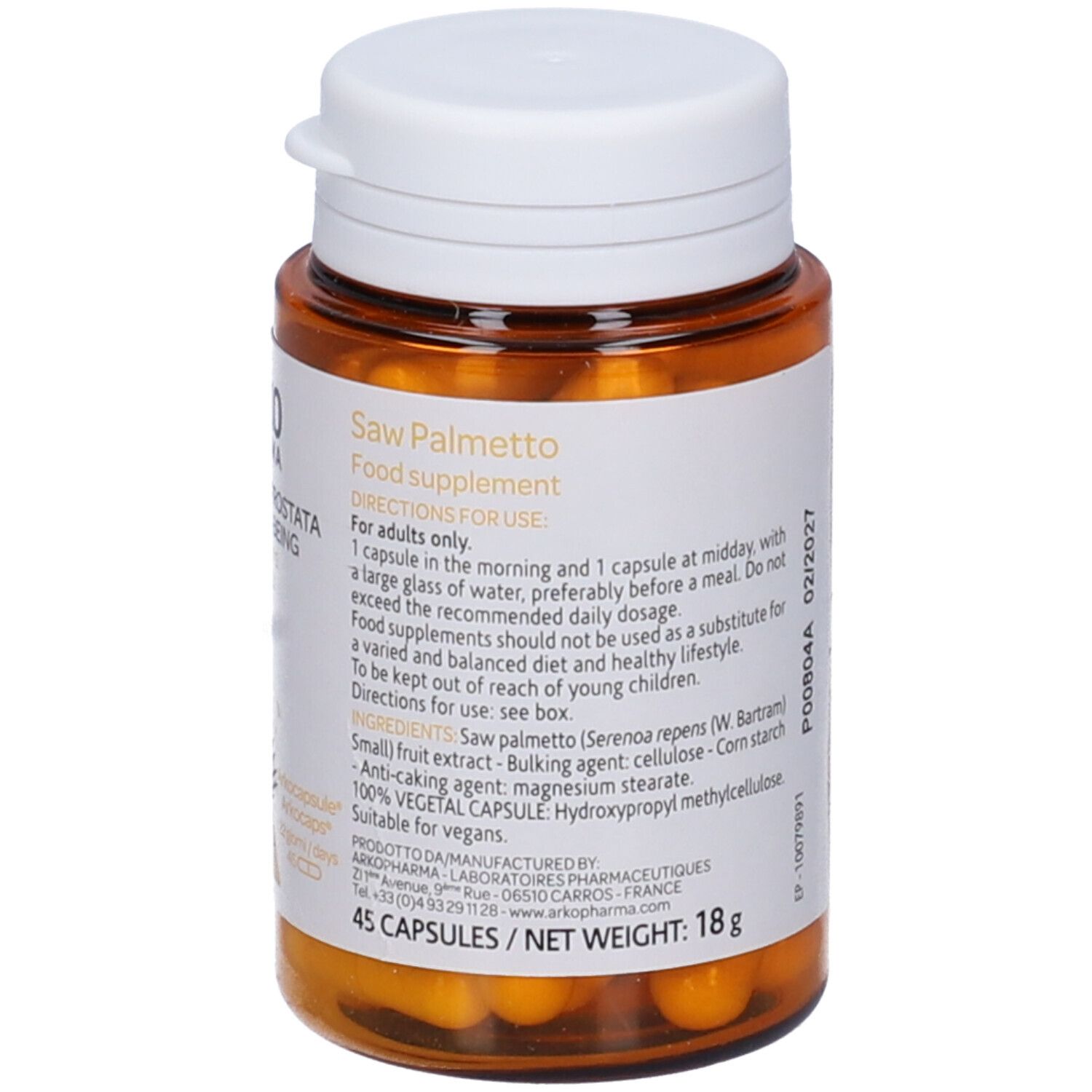 Flacone marrone, tappo bianco. Logo Arkopharma, Serenoa Repens, 45 capsule. Capsule gialle visibili.